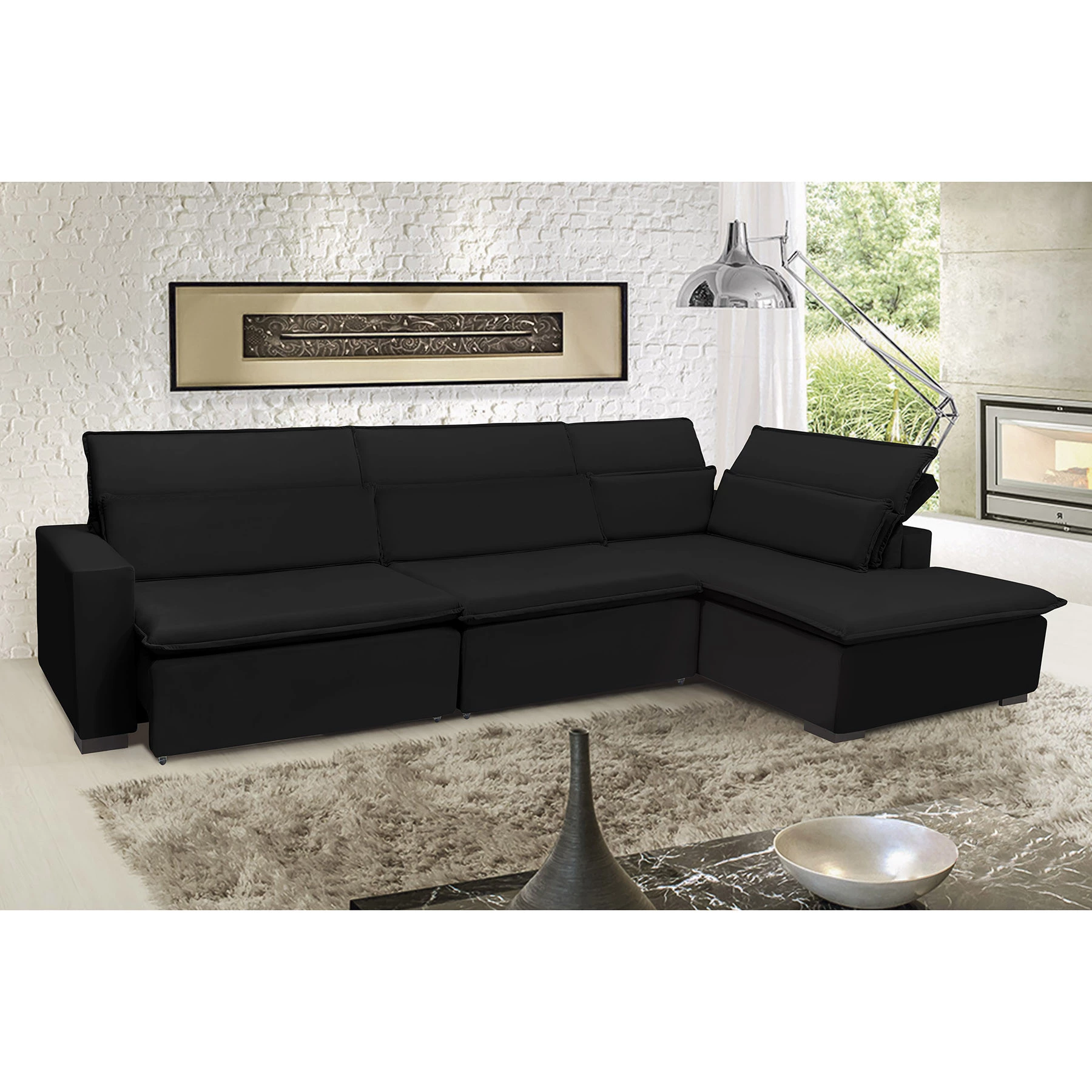 Sofá Istambul 3,80x2,10m Retrátil e Reclinável com Chaise - Preto