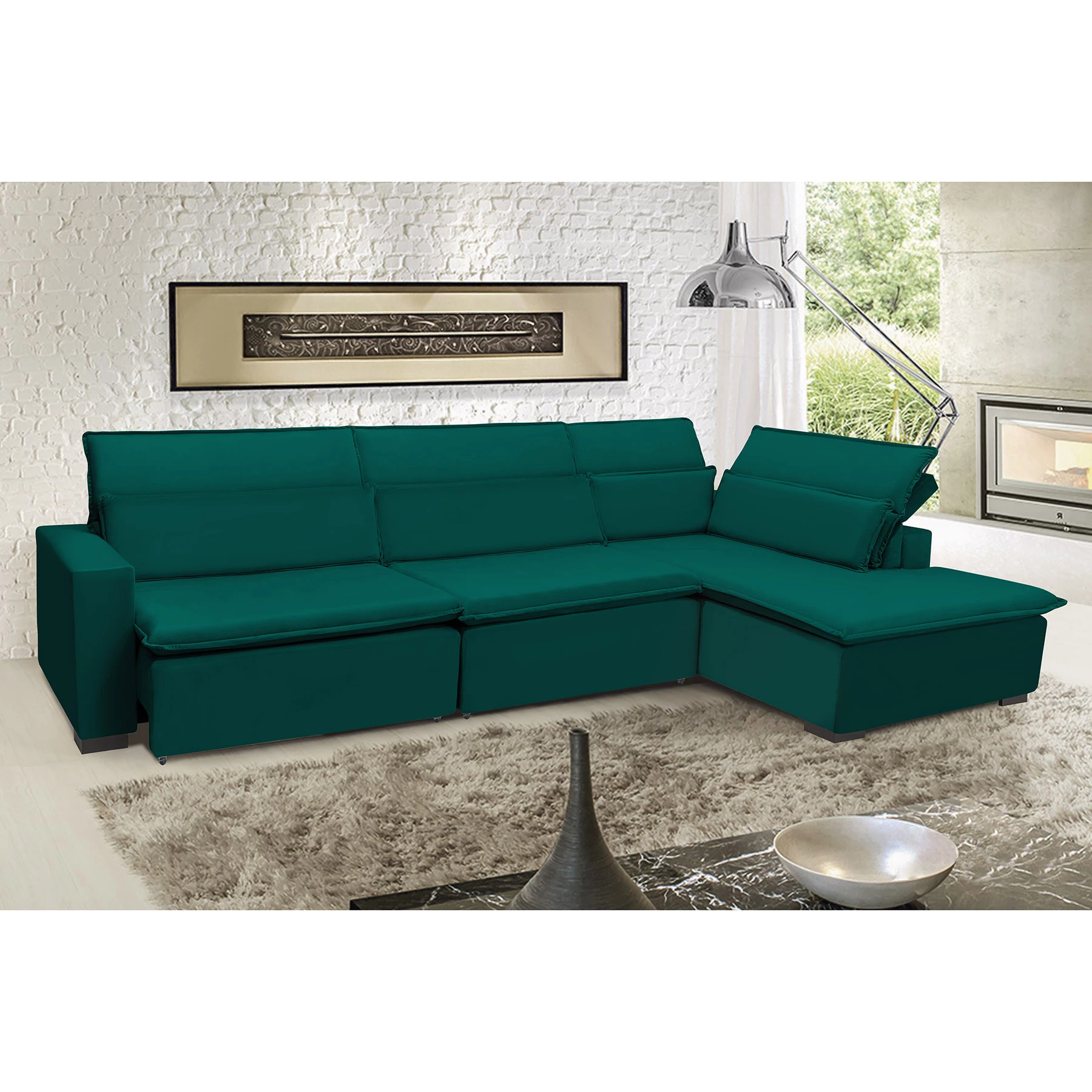 Sofá Istambul 3,80x1,90m Retrátil e Reclinável com Chaise - Verde