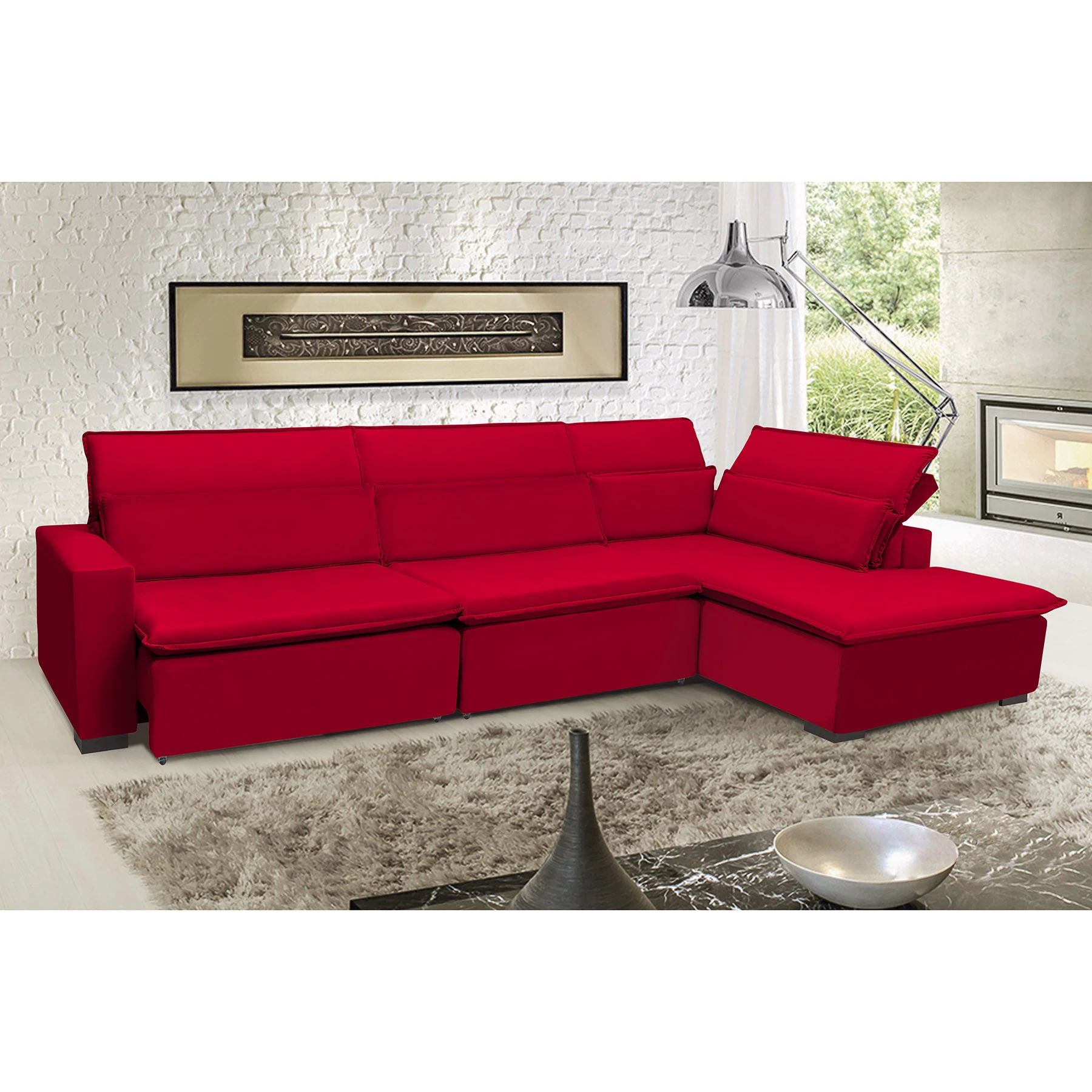 Sofá Istambul 3,80x1,90m Retrátil e Reclinável com Chaise - Vermelho