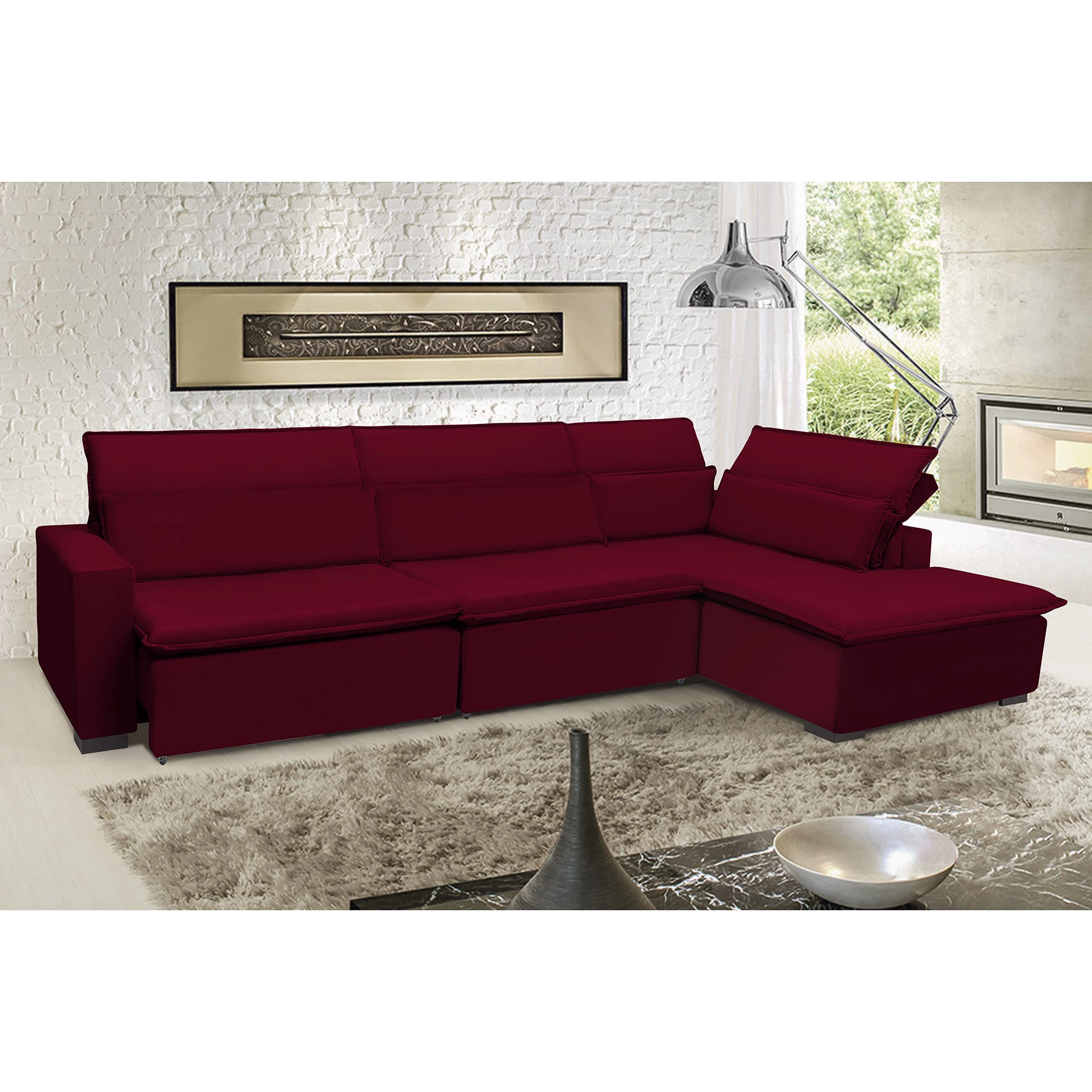 Sofá Istambul 3,80x2,10m Retrátil e Reclinável com Chaise - Vinho