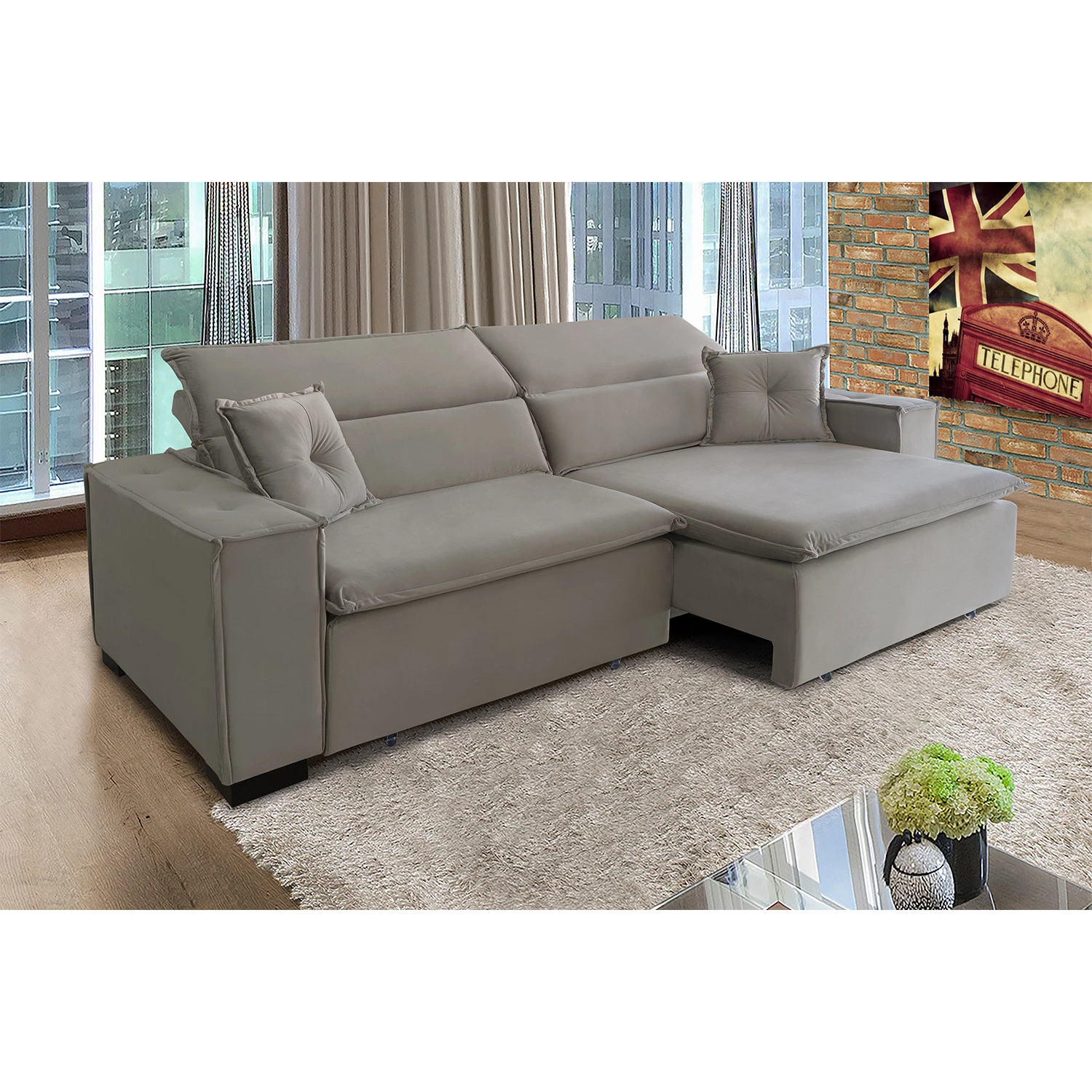 Sofá Londres 2,40m Retrátil e Reclinável Pillow Top - Avelã