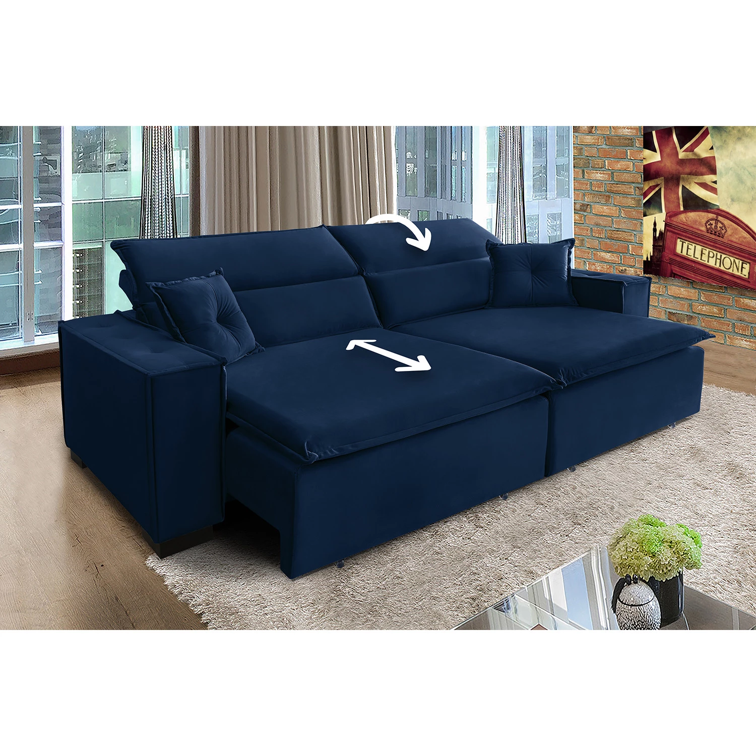 Sofá Londres 3,00m Retrátil e Reclinável Pillow Top - Azul