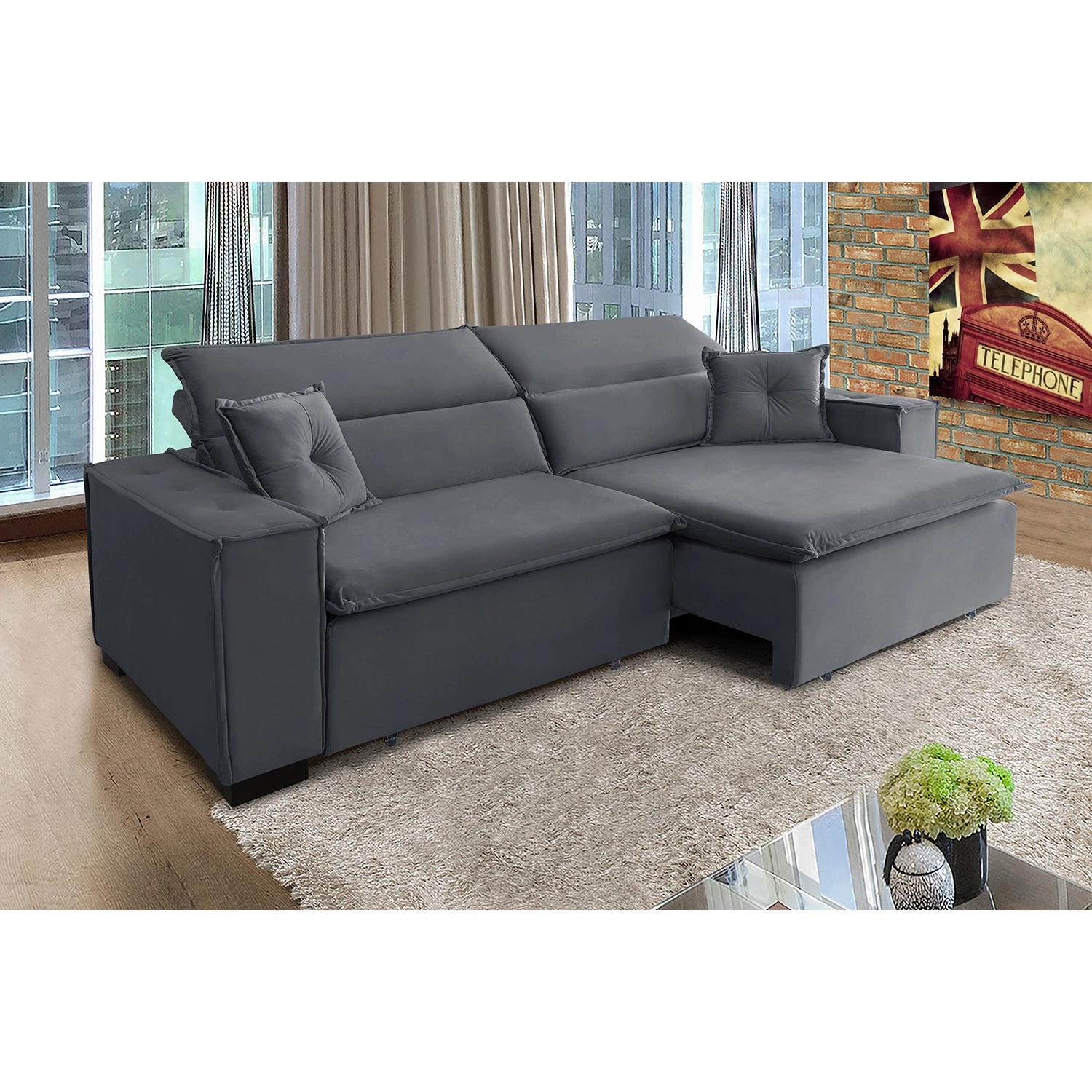 Sofá Londres 2,70m Retrátil e Reclinável Pillow Top - Chumbo