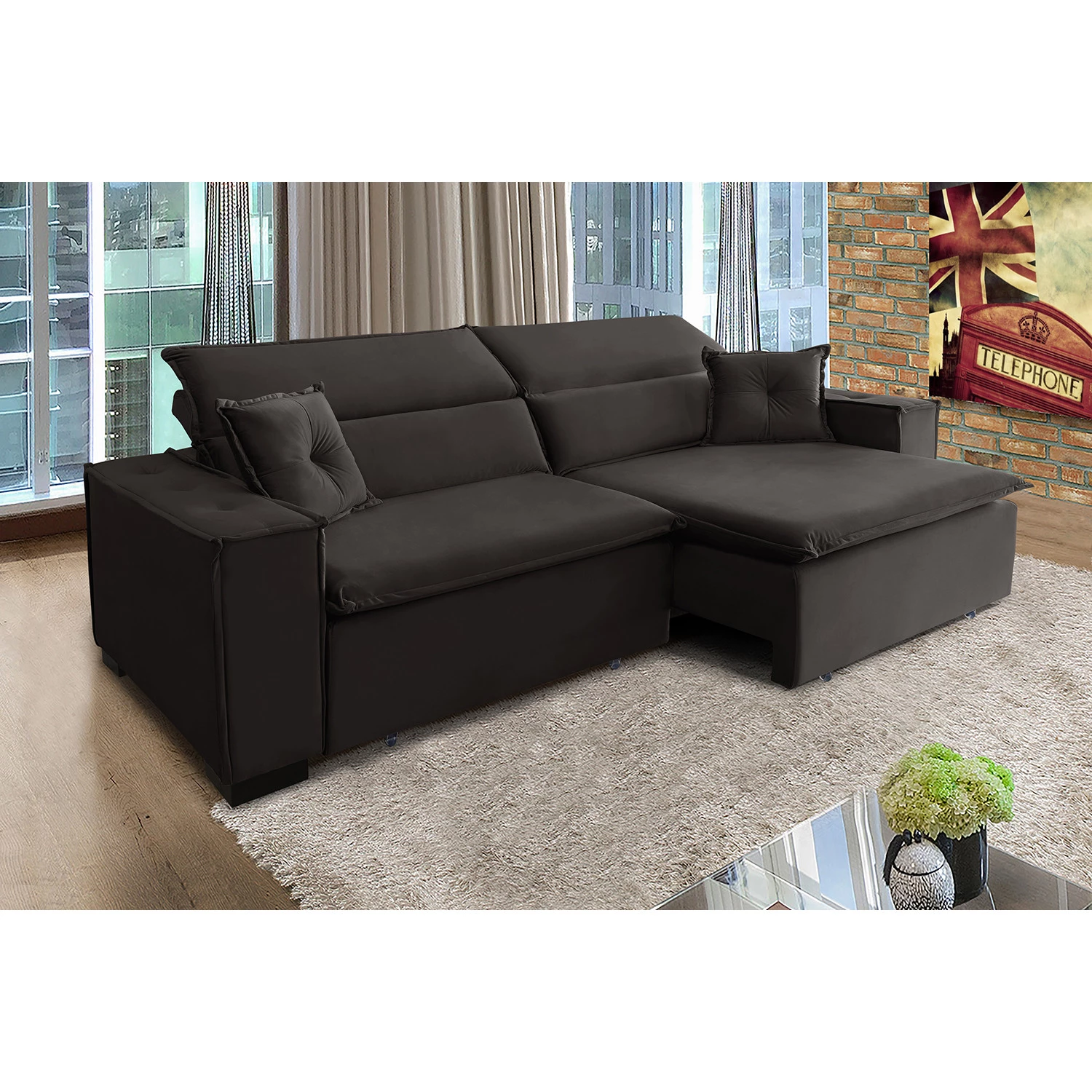 Sofá Londres 2,70m Retrátil e Reclinável Pillow Top - Marrom