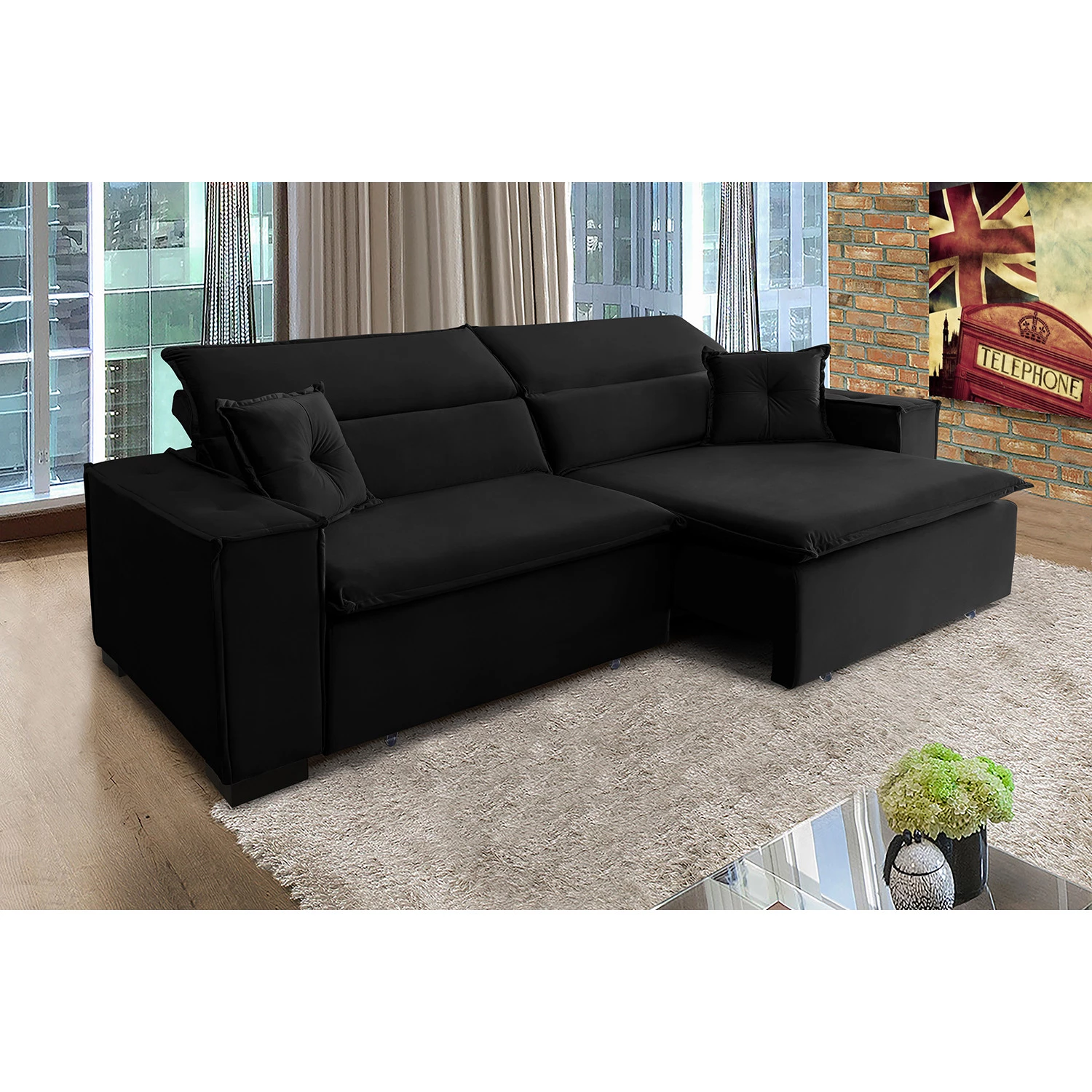 Sofá Londres 2,10m Retrátil e Reclinável Pillow Top - Preto
