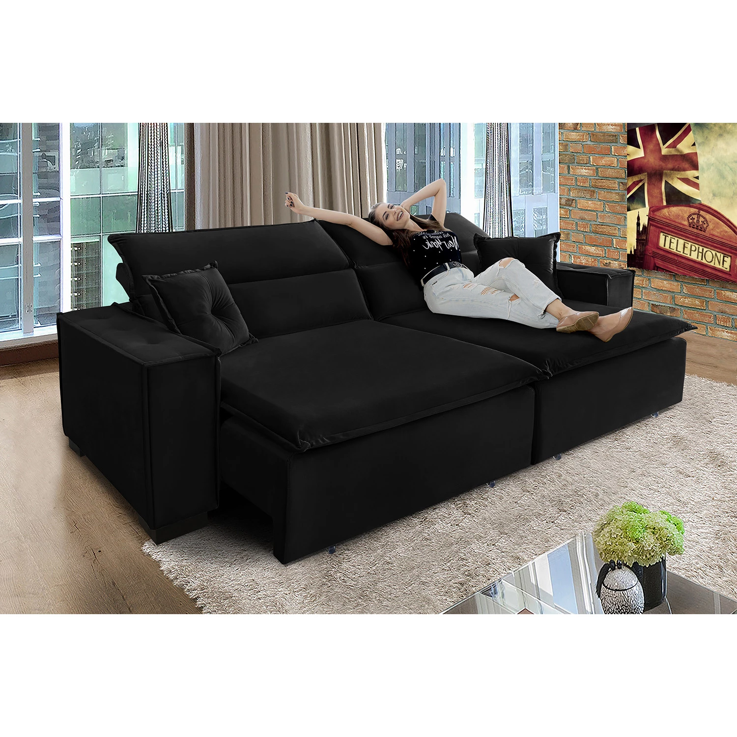 Sofá Londres 3,00m Retrátil e Reclinável Pillow Top - Preto