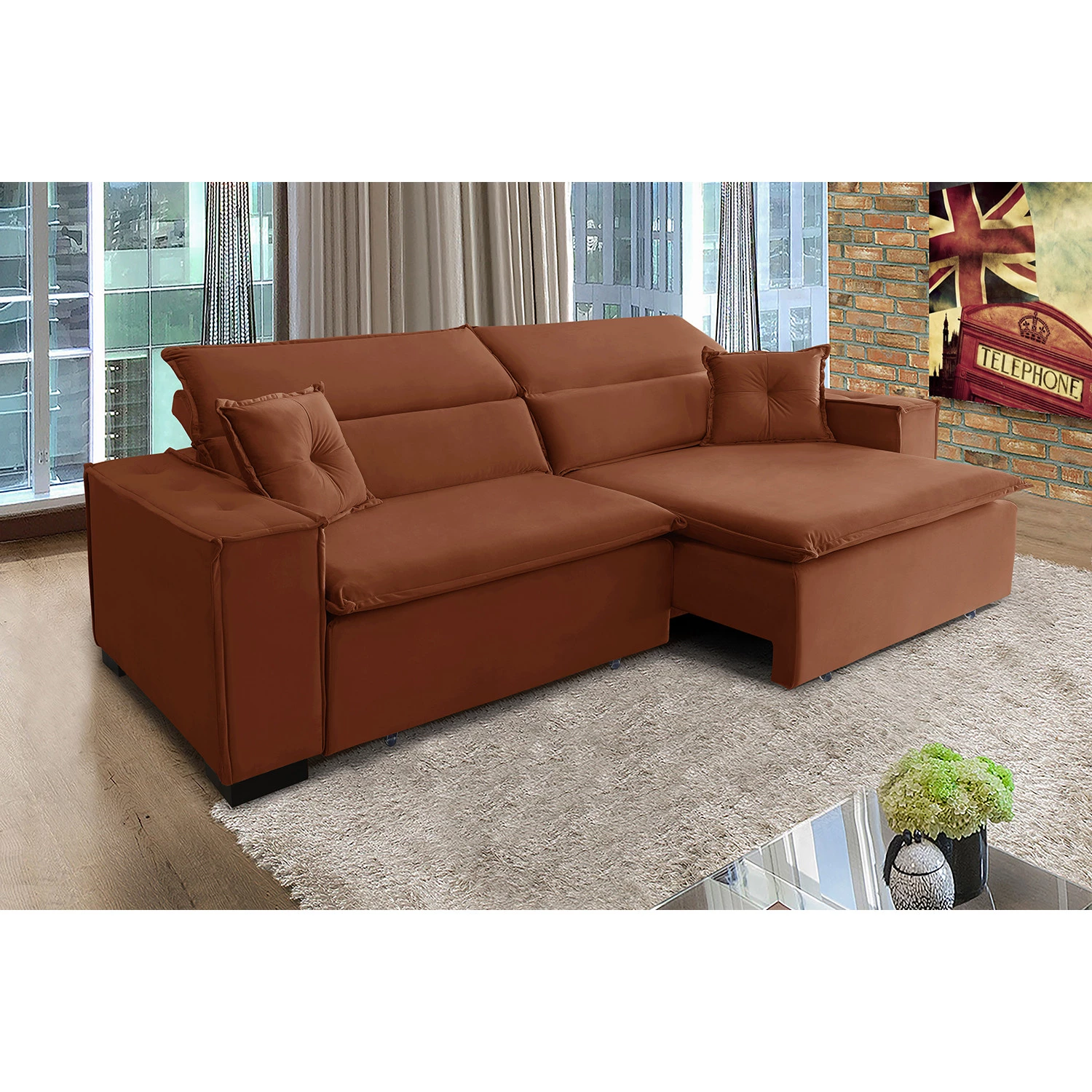 Sofá Londres 2,70m Retrátil e Reclinável Pillow Top - Terra