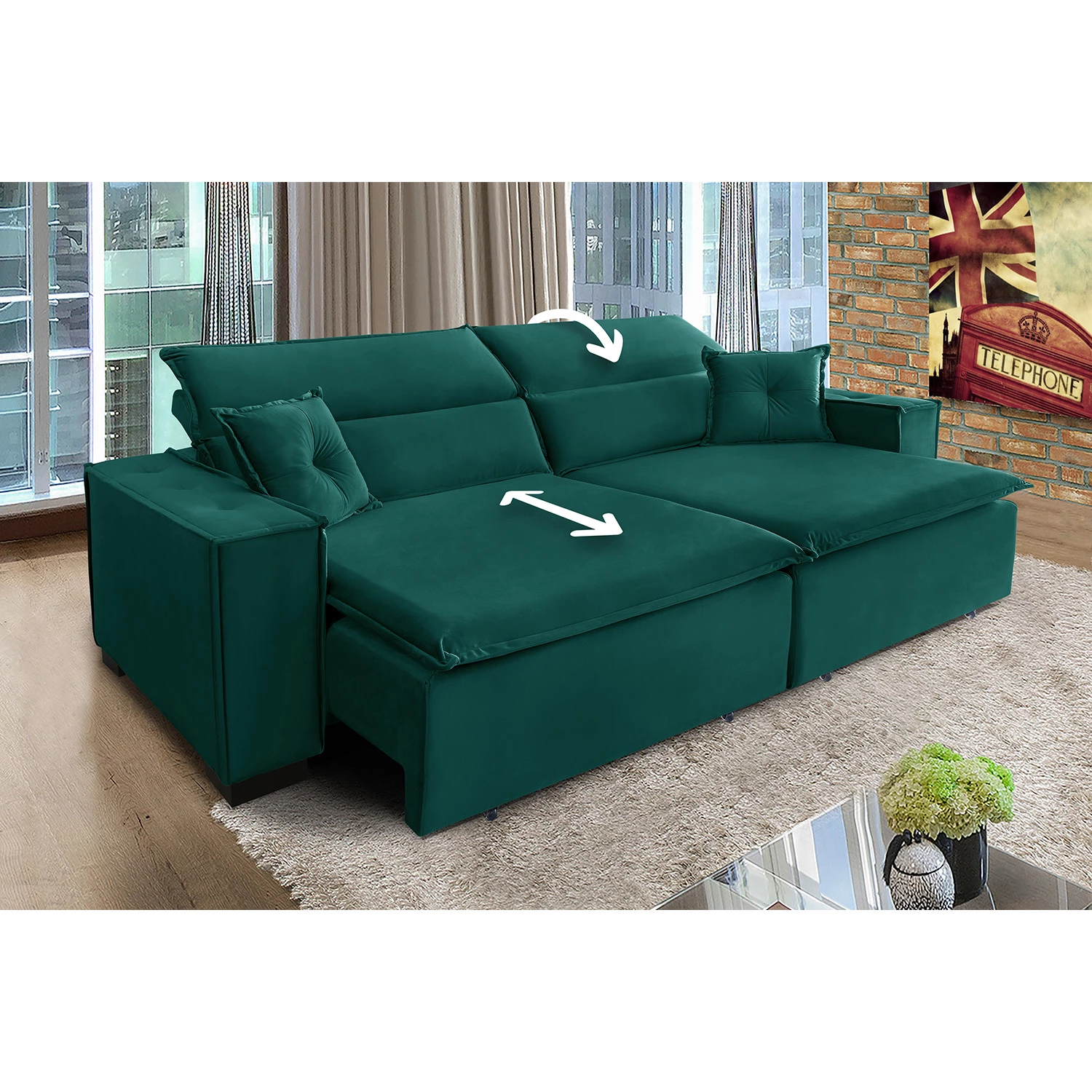 Sofá Londres 3,00m Retrátil e Reclinável Pillow Top - Verde