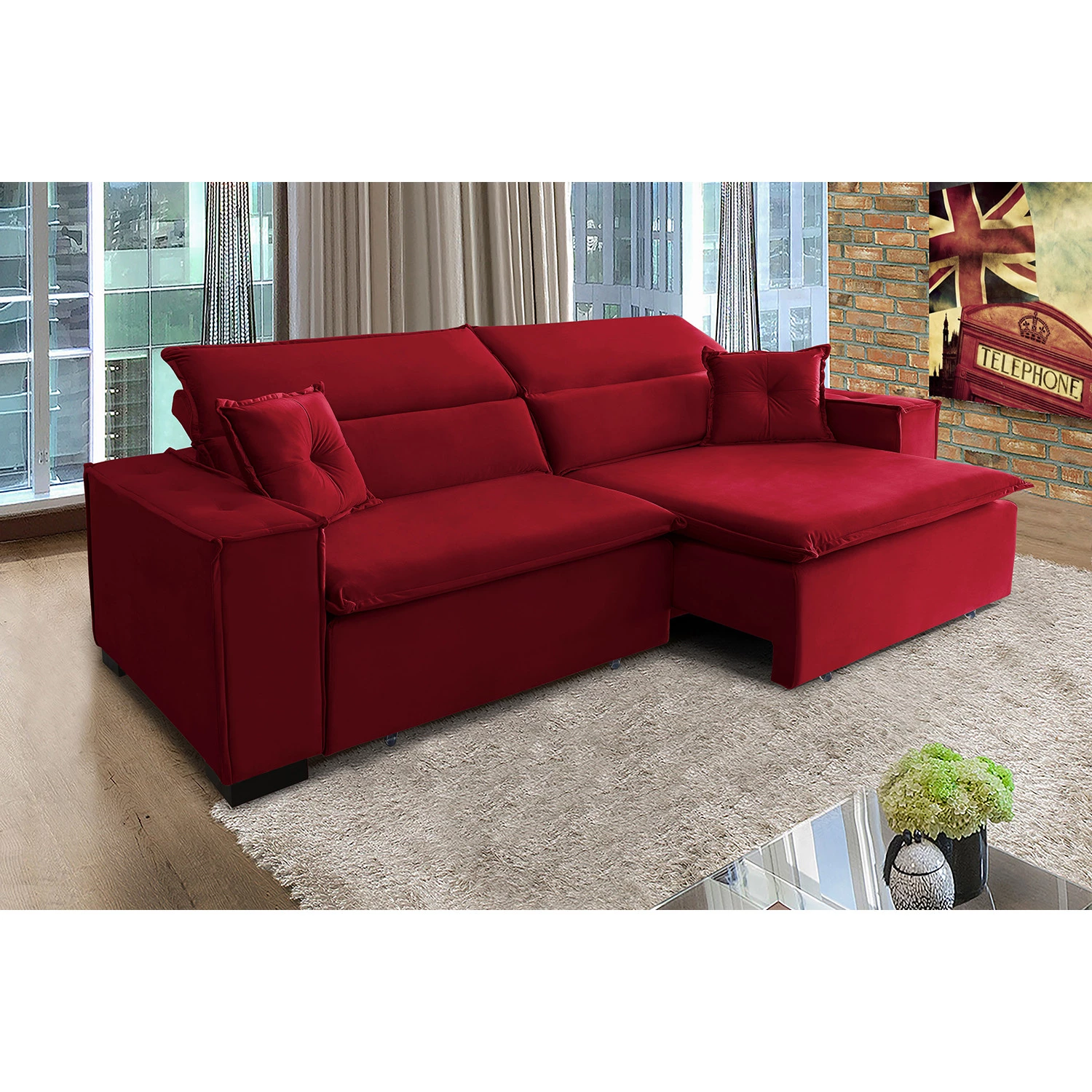 Sofá Londres 3,00m Retrátil e Reclinável Pillow Top - Vermelho