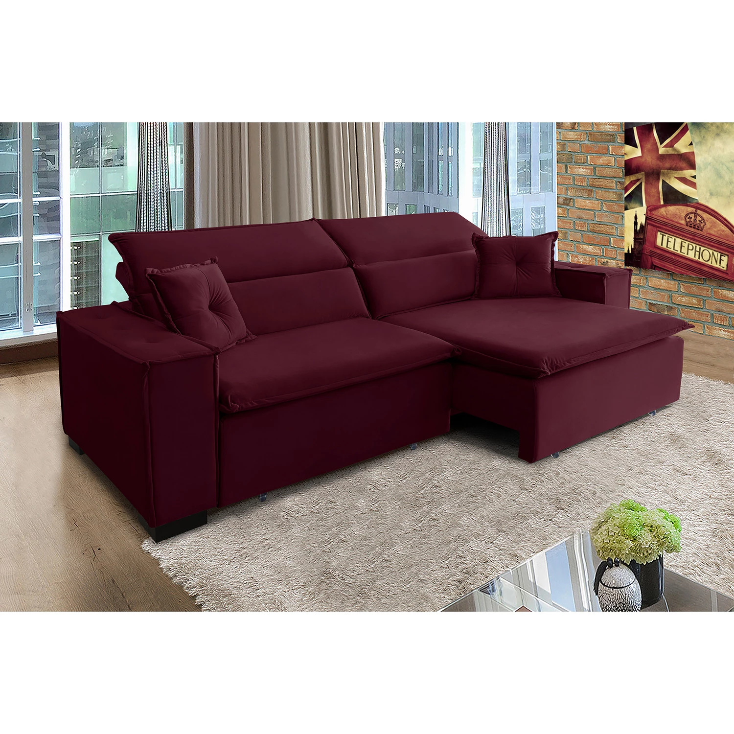 Sofá Londres 2,70m Retrátil e Reclinável Pillow Top - Vinho