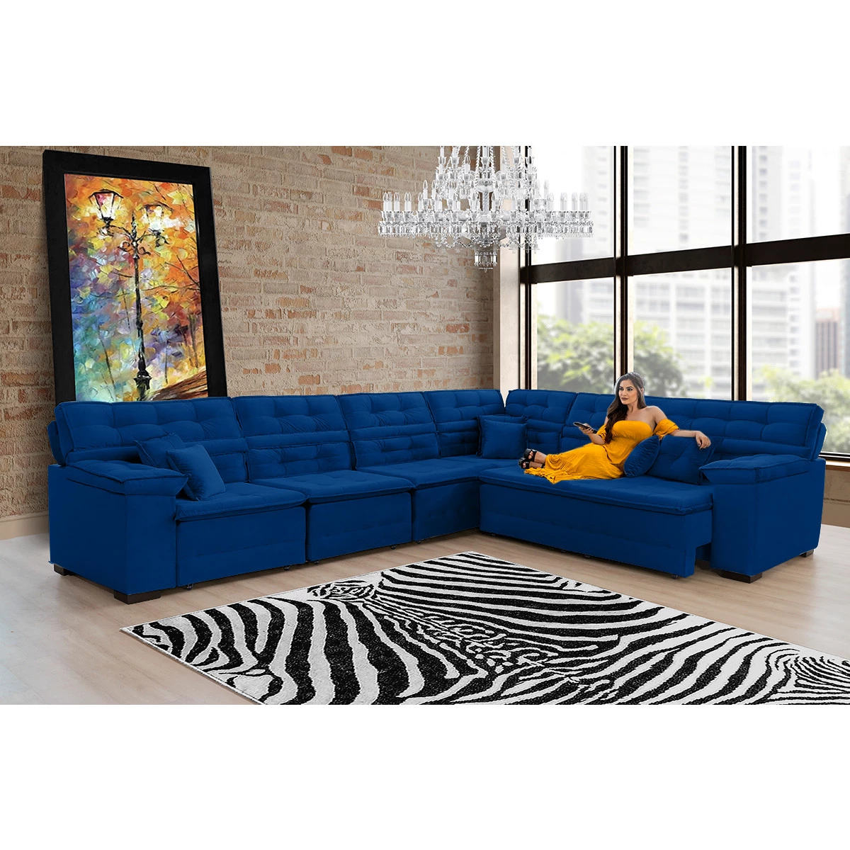 Sofá Magno 3,77x2,37m de Canto, Retrátil e Reclinável - Azul