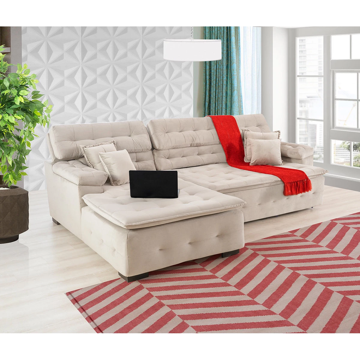 Sofá Orlando 2,20x1,50m com Chaise, Retrátil e Reclinável - Bege