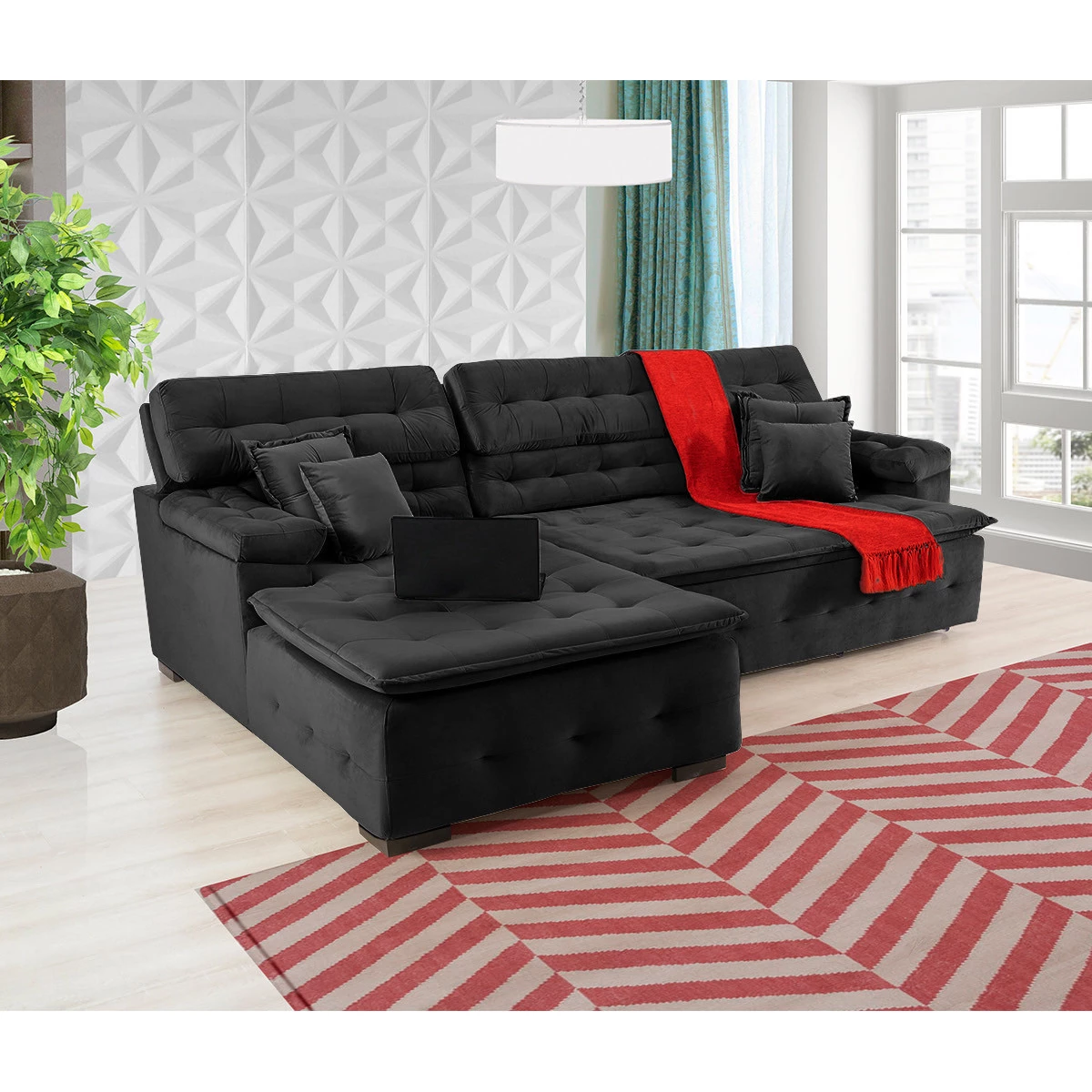 Sofá Orlando 2,20x1,90m com Chaise, Retrátil e Reclinável - Preto