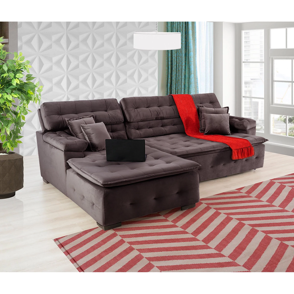 Sofá Orlando 2,20x1,90m com Chaise, Retrátil e Reclinável - Marrom