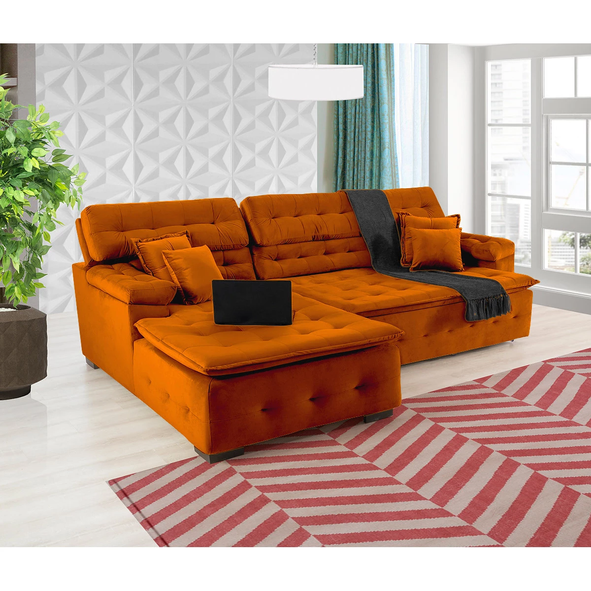 Sofá Orlando 2,20x1,90m com Chaise, Retrátil e Reclinável - Terra