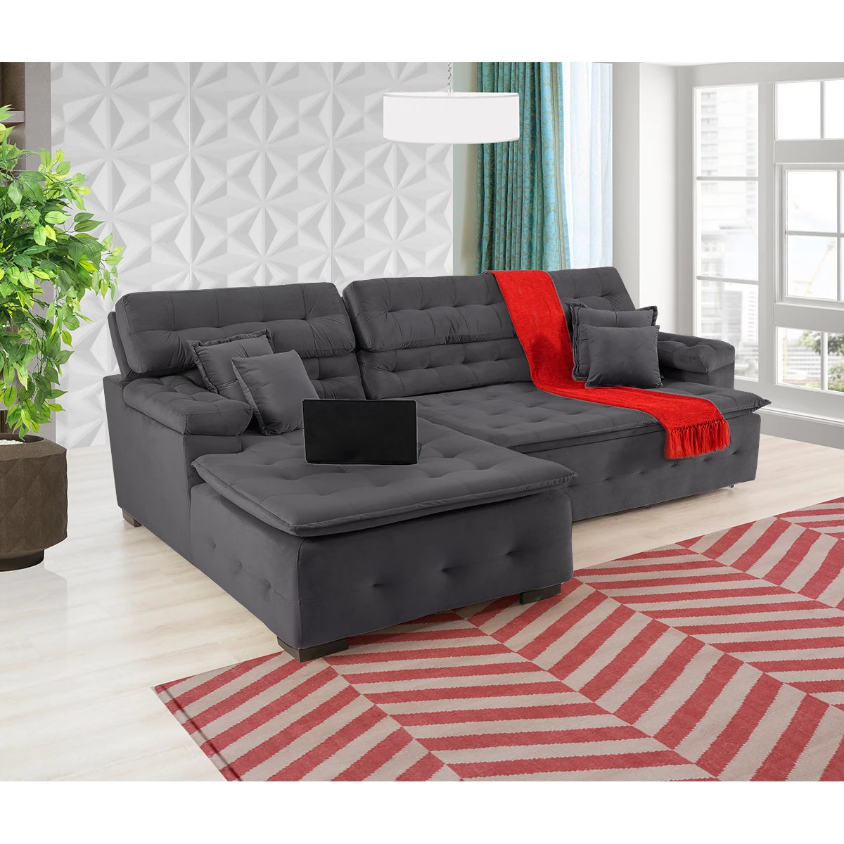 Sofá Orlando 2,20x1,90m com Chaise, Retrátil e Reclinável - Chumbo