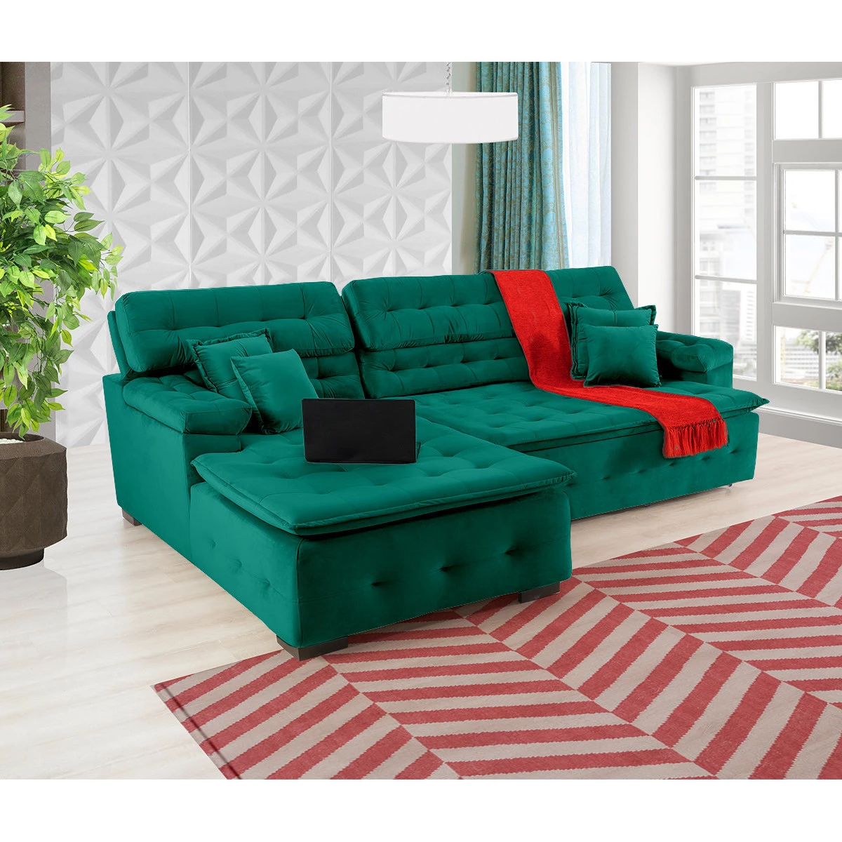 Sofá Orlando 2,20x2,10m com Chaise, Retrátil e Reclinável - Verde