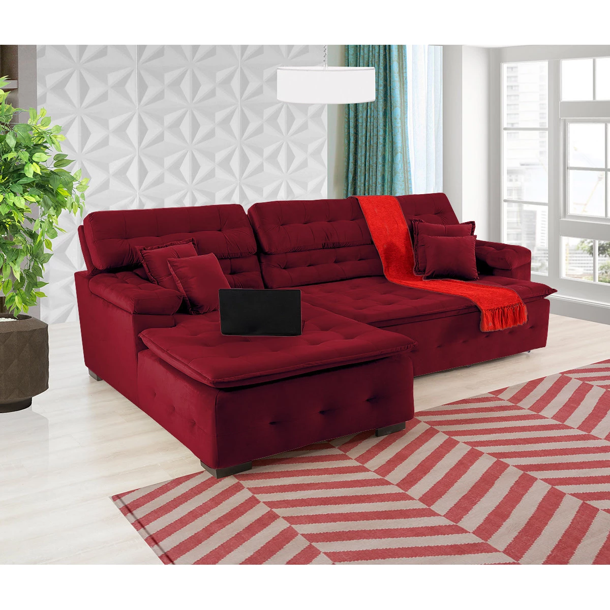 Sofá Orlando 2,20x1,90m com Chaise, Retrátil e Reclinável - Vinho