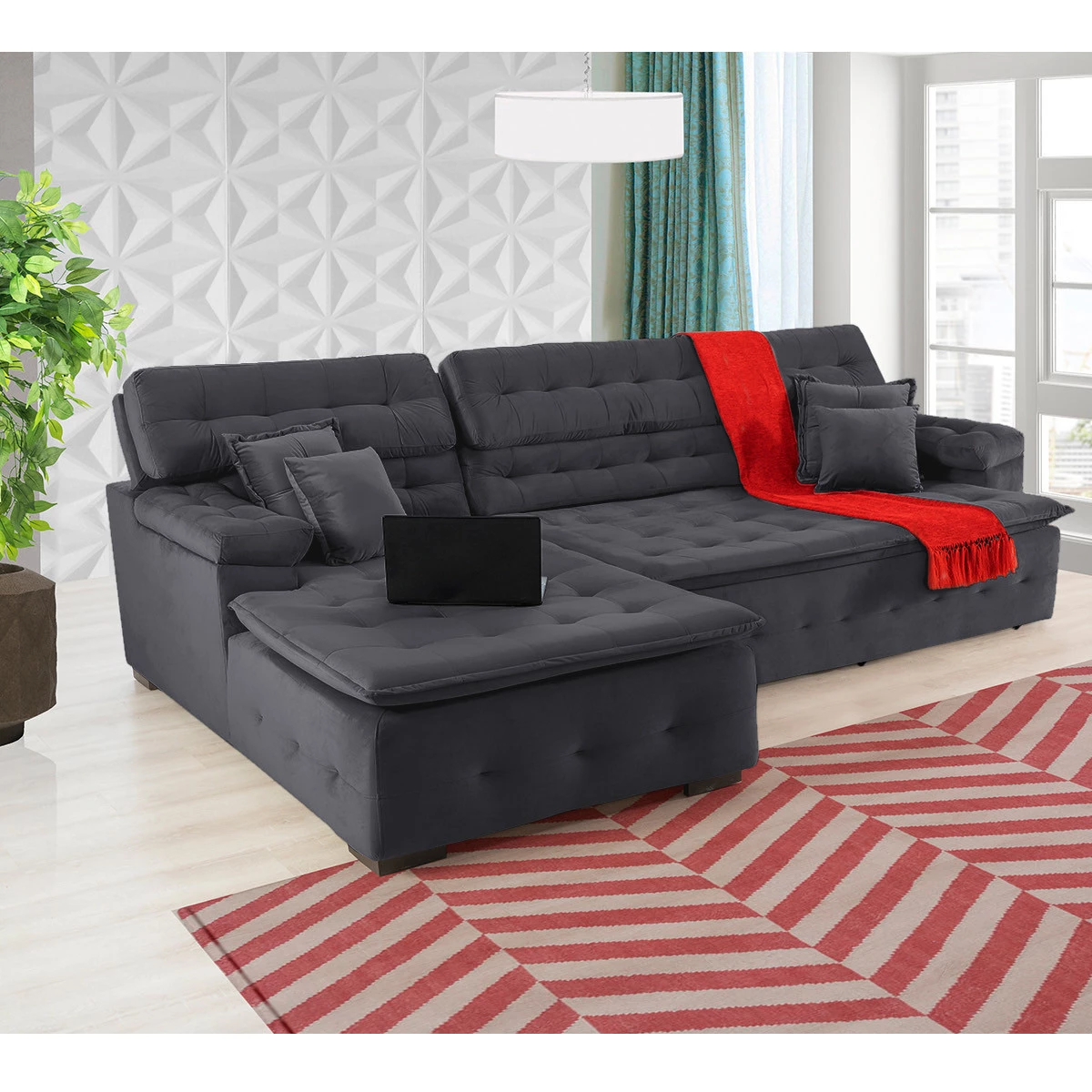 Sofá Orlando 2,40x1,70m com Chaise, Retrátil e Reclinável - Chumbo