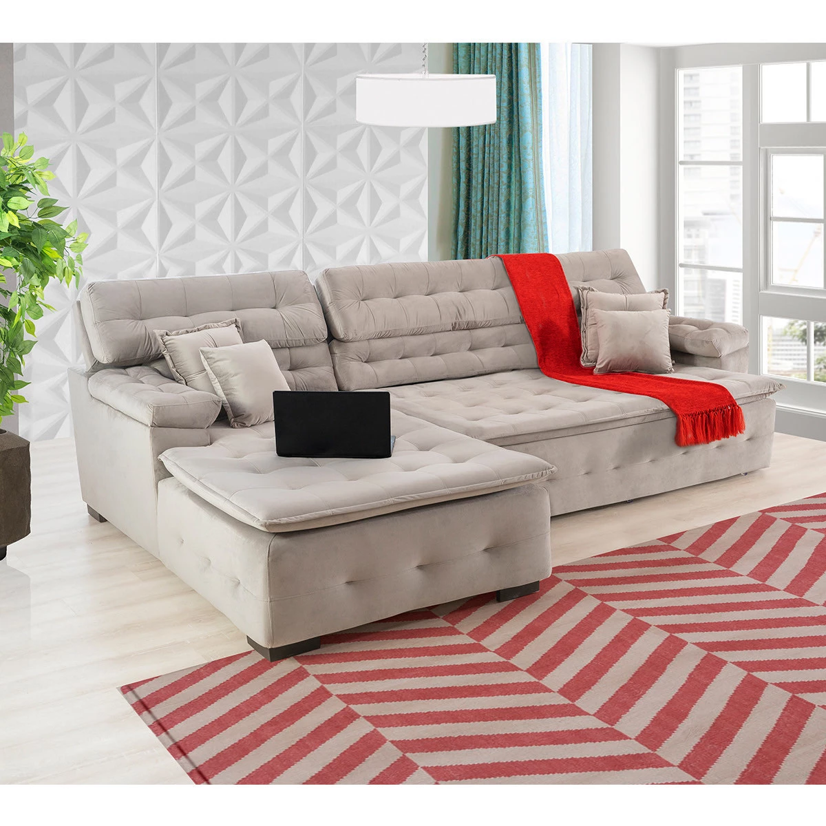 Sofá Orlando 2,40x2,10m com Chaise, Retrátil e Reclinável - Avelã