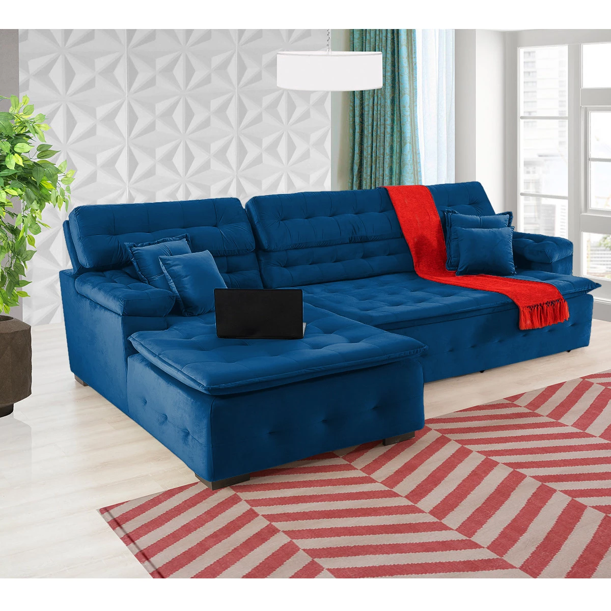 Sofá Orlando 2,40x2,10m com Chaise, Retrátil e Reclinável - Azul