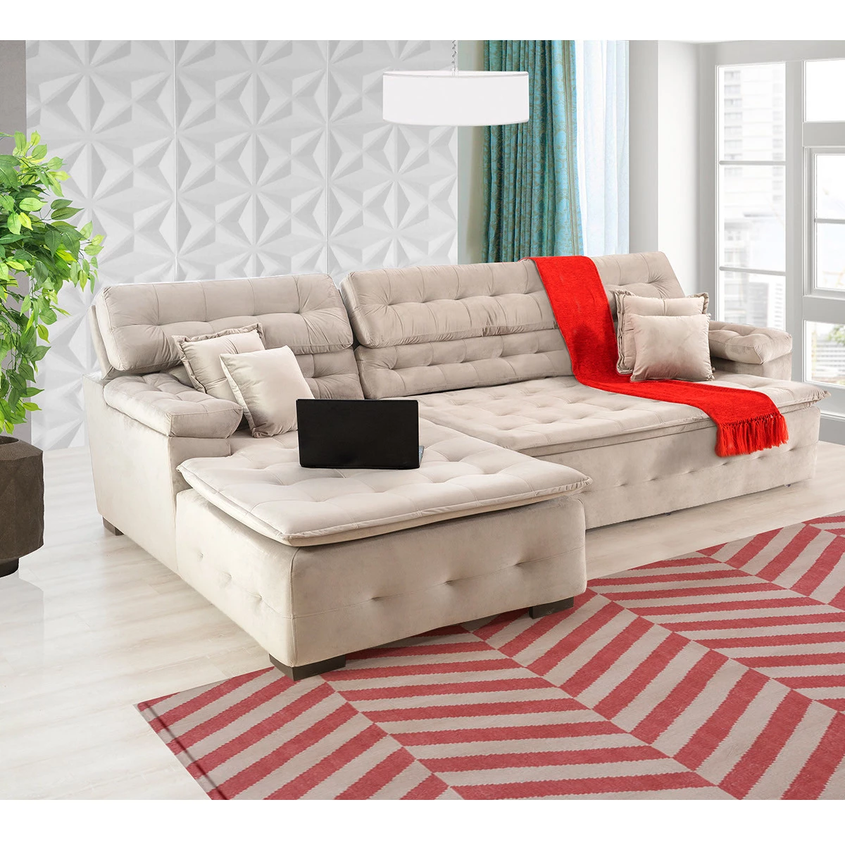 Sofá Orlando 2,40x2,10m com Chaise, Retrátil e Reclinável - Bege