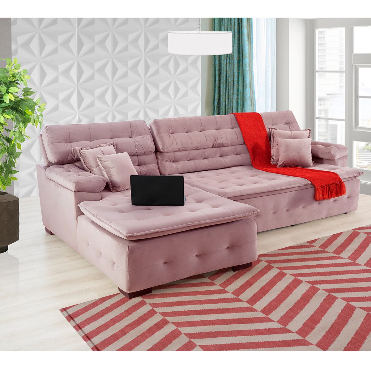 Sofá Orlando 2,40x2,10m com Chaise, Retrátil e Reclinável - Rosê
