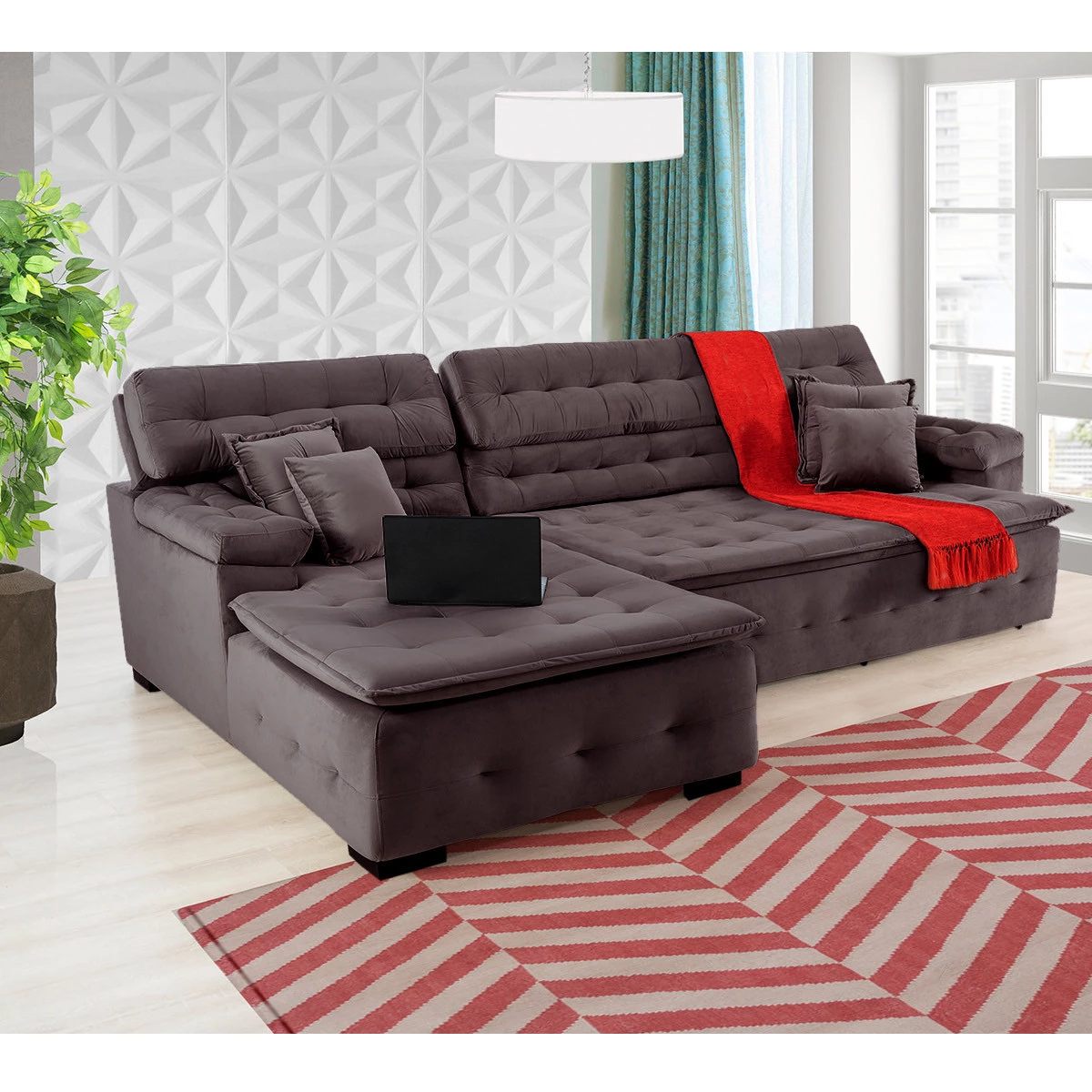 Sofá Orlando 2,40x2,10m com Chaise, Retrátil e Reclinável - Marrom