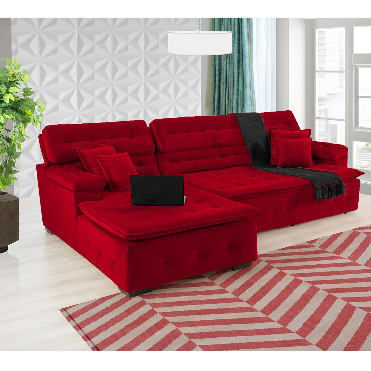 Sofá Orlando 2,40x2,10m com Chaise, Retrátil e Reclinável - Vermelho
