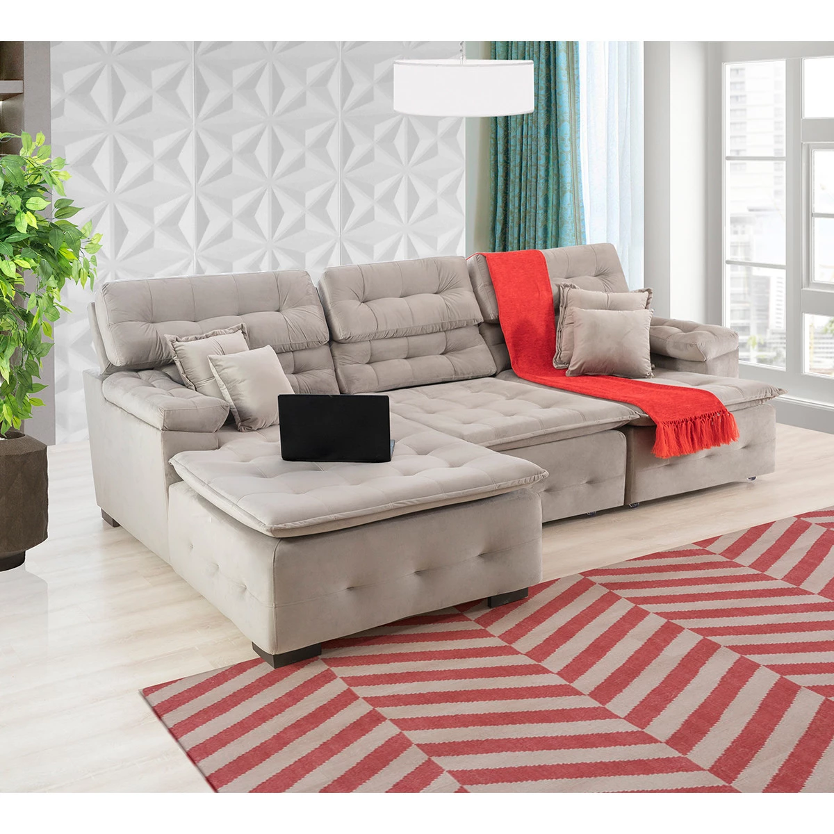 Sofá Orlando 2,80x2,10m com Chaise, Retrátil e Reclinável - Avelã