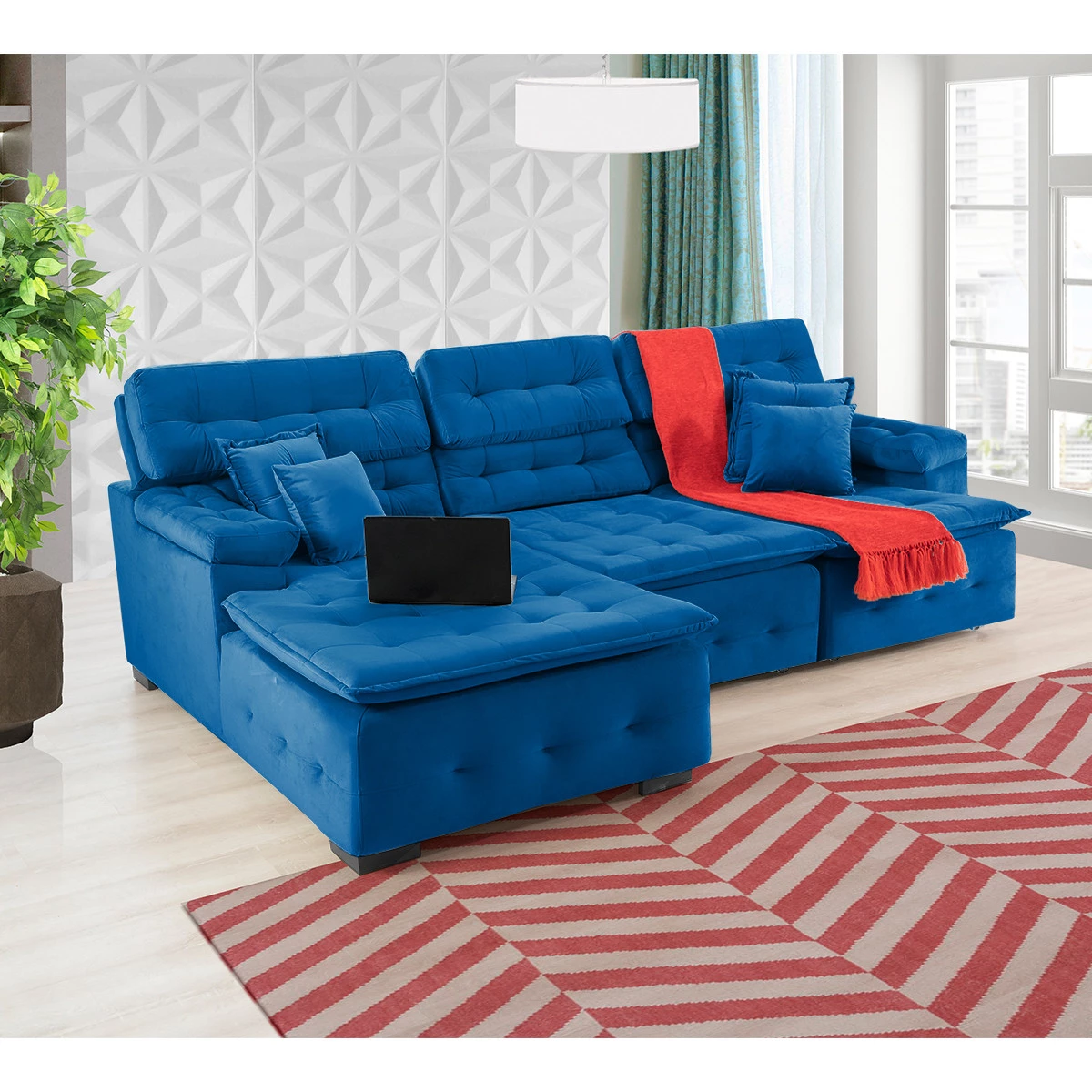 Sofá Orlando 2,80x2,10m com Chaise, Retrátil e Reclinável - Azul