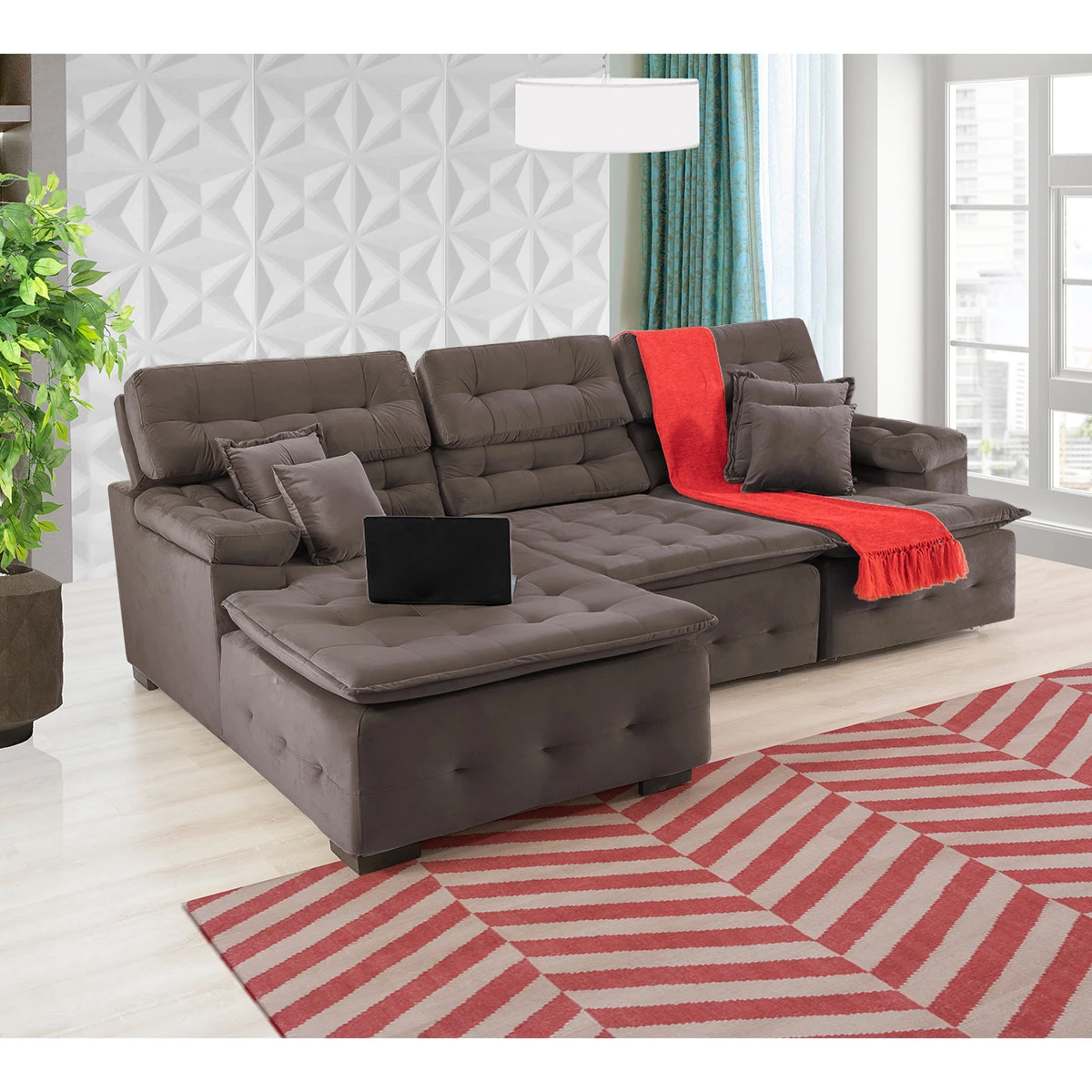 Sofá Orlando 2,80x1,90m com Chaise, Retrátil e Reclinável - Marrom