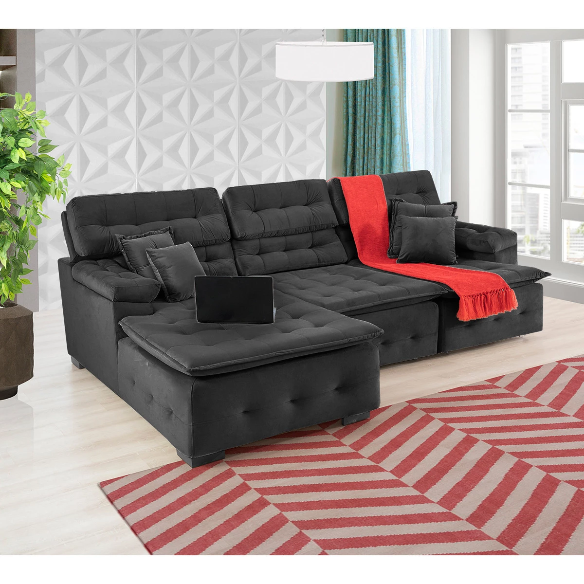 Sofá Orlando 2,80x1,50m com Chaise, Retrátil e Reclinável - Preto