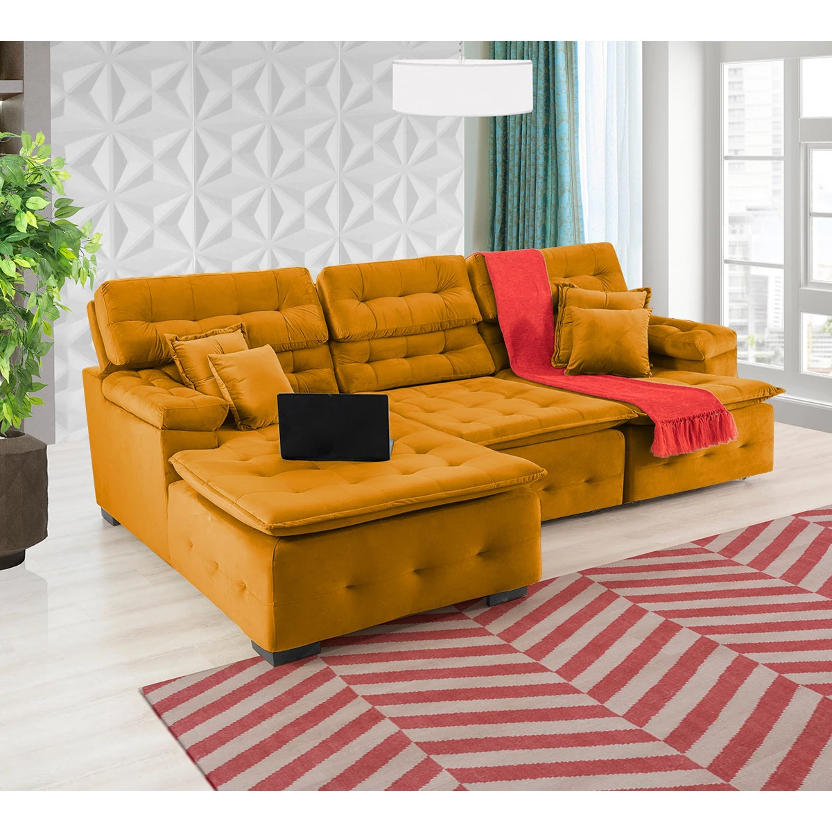 Sofá Orlando 2,80x1,90m com Chaise, Retrátil e Reclinável - Terra
