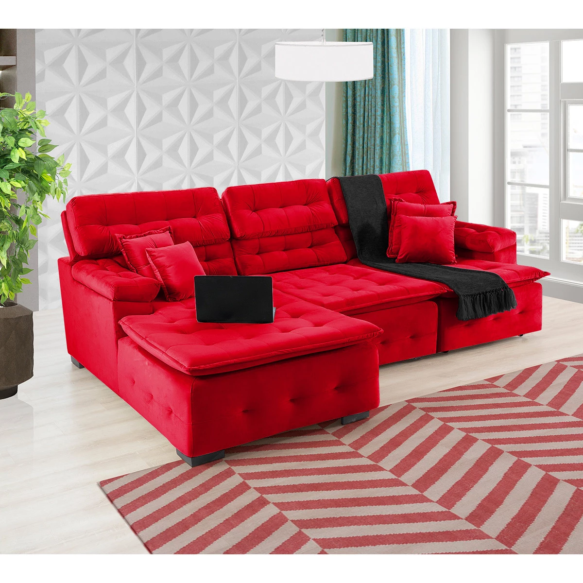 Sofá Orlando 2,80x2,10m com Chaise, Retrátil e Reclinável - Vermelho