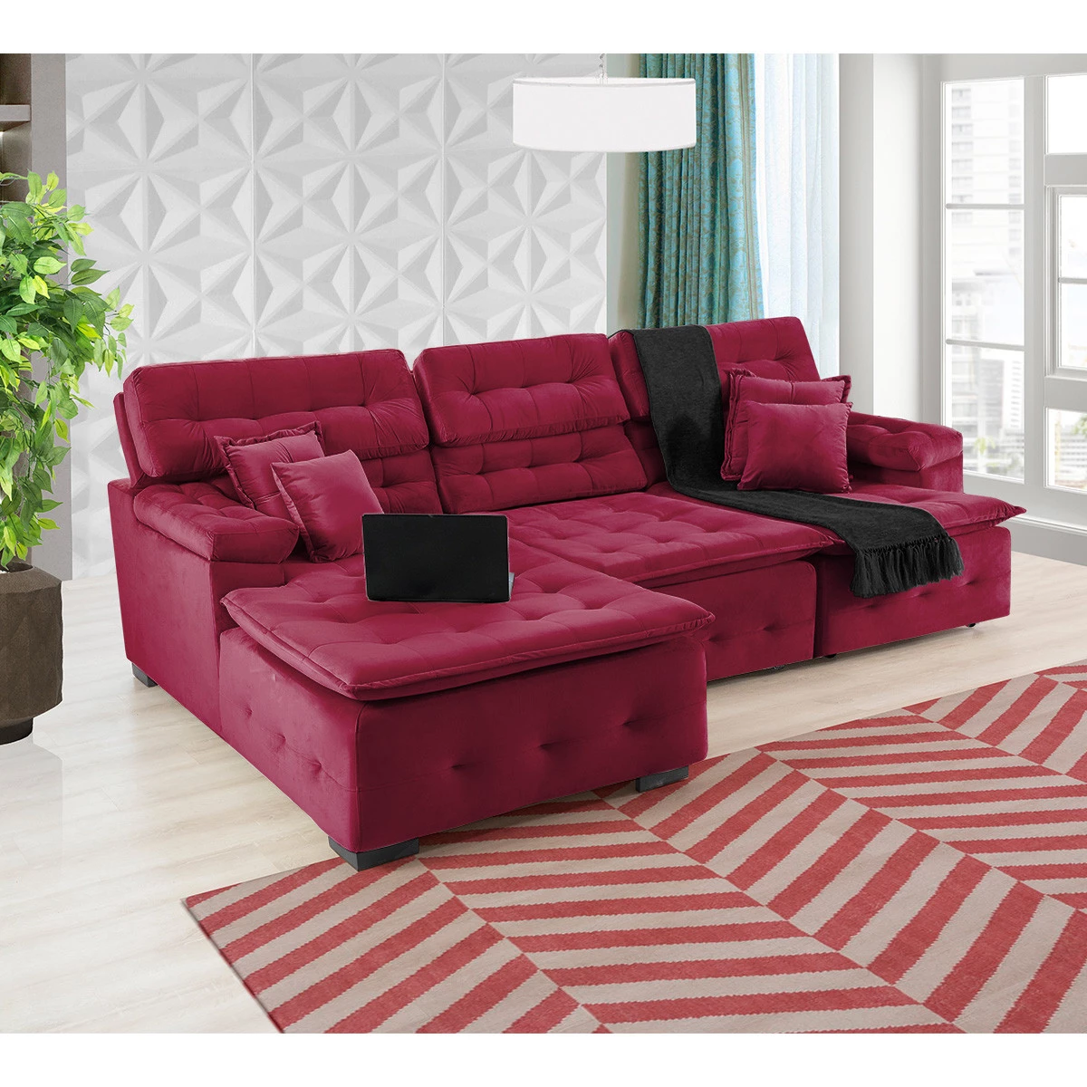 Sofá Orlando 2,80x1,90m com Chaise, Retrátil e Reclinável - Vinho