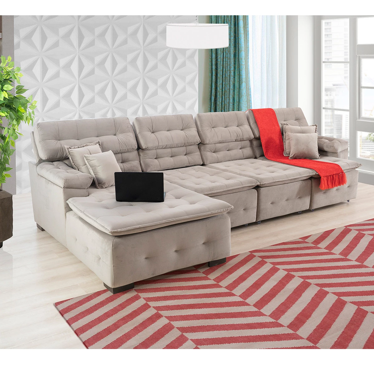 Sofá Orlando 3,45x1,50m com Chaise, Retrátil e Reclinável - Avelã