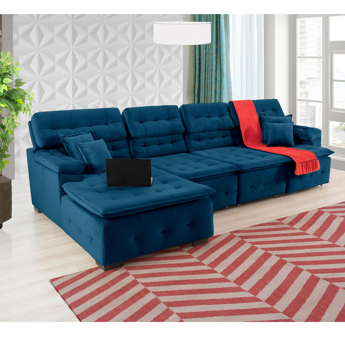 Sofá Orlando 3,45x1,90m com Chaise, Retrátil e Reclinável - Azul,