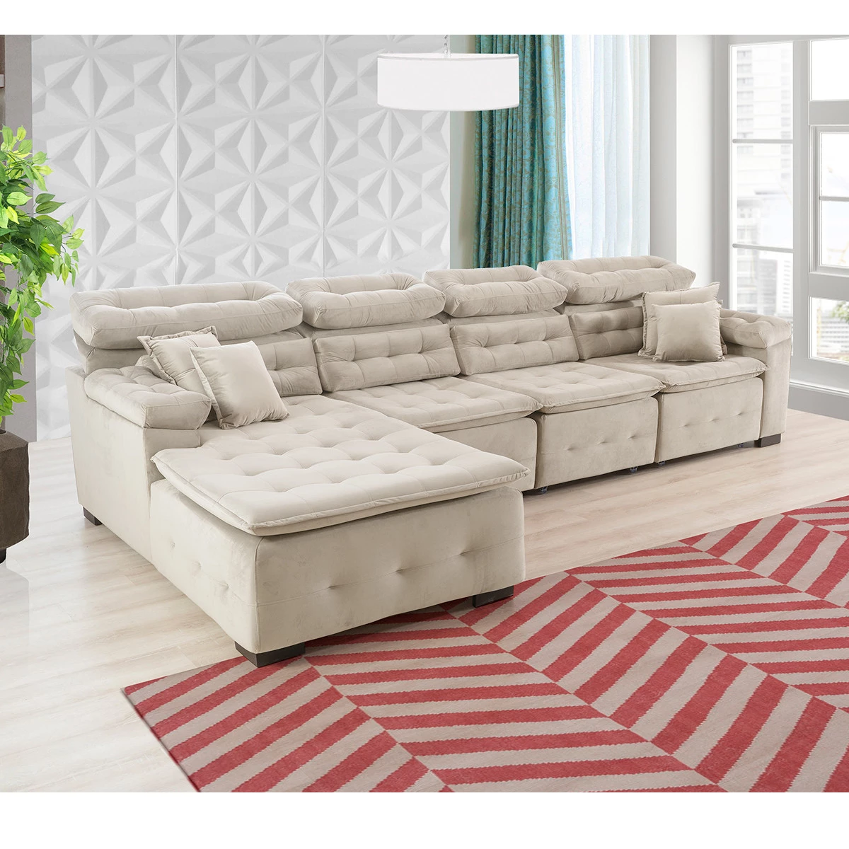 Sofá Orlando 3,30x2,10m com Chaise, Retrátil e Reclinável - Bege