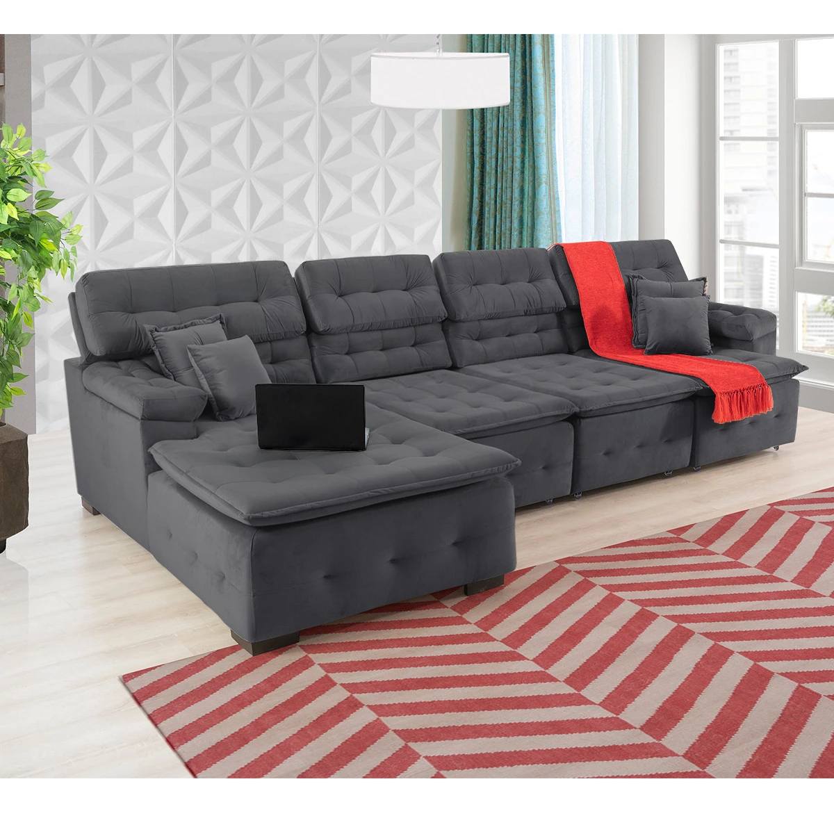 Sofá Orlando 3,45x2,10m com Chaise, Retrátil e Reclinável - Chumbo