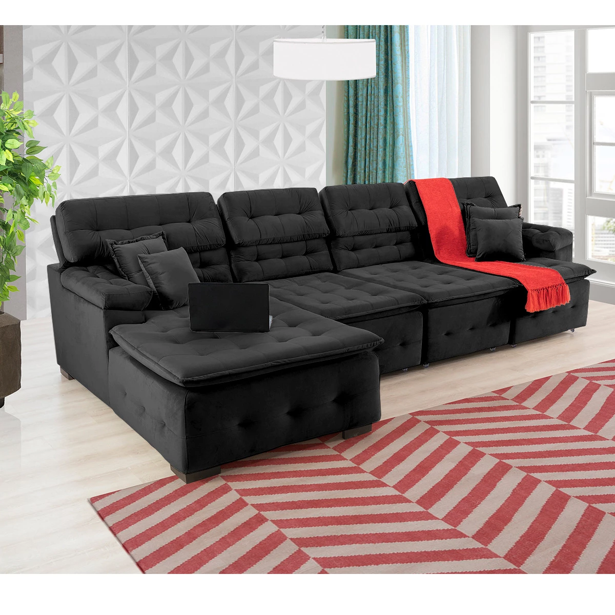 Sofá Orlando 3,45x1,90m com Chaise, Retrátil e Reclinável - Preto