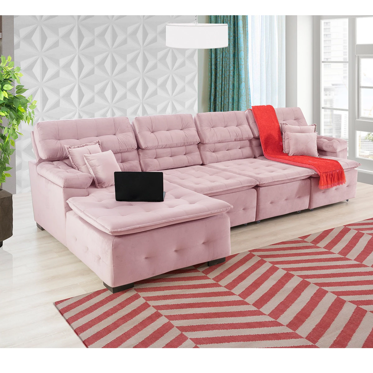 Sofá Orlando 3,45x1,90m com Chaise, Retrátil e Reclinável