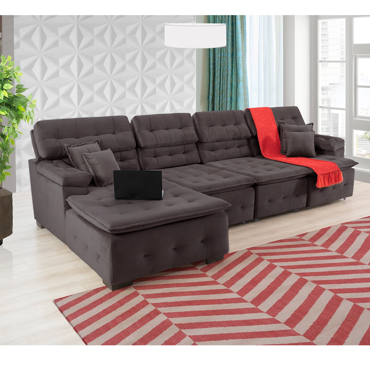 Sofá Orlando 3,45x1,50m com Chaise, Retrátil e Reclinável - Marrom