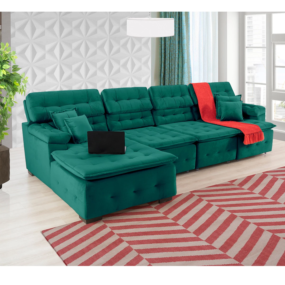 Sofá Orlando 3,45x1,90m com Chaise, Retrátil e Reclinável - Verde