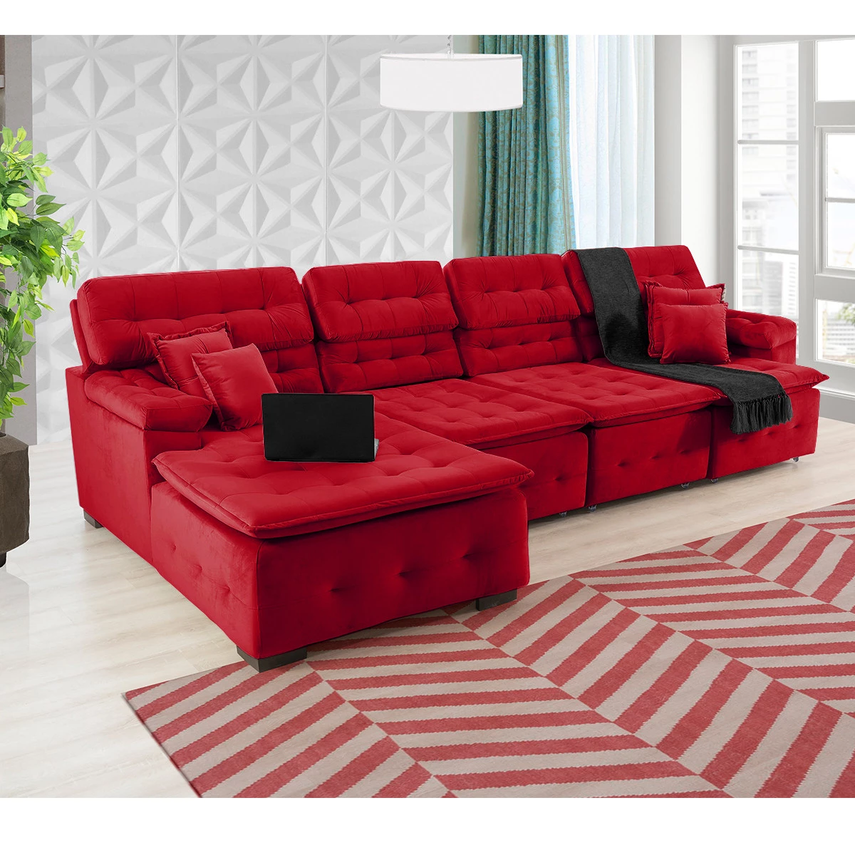 Sofá Orlando 3,45x1,90m com Chaise, Retrátil e Reclinável - Vermelho