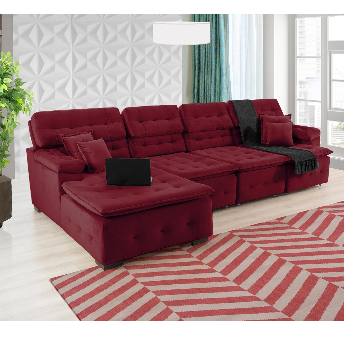 Sofá Orlando 3,45x2,10m com Chaise, Retrátil e Reclinável - Vinho