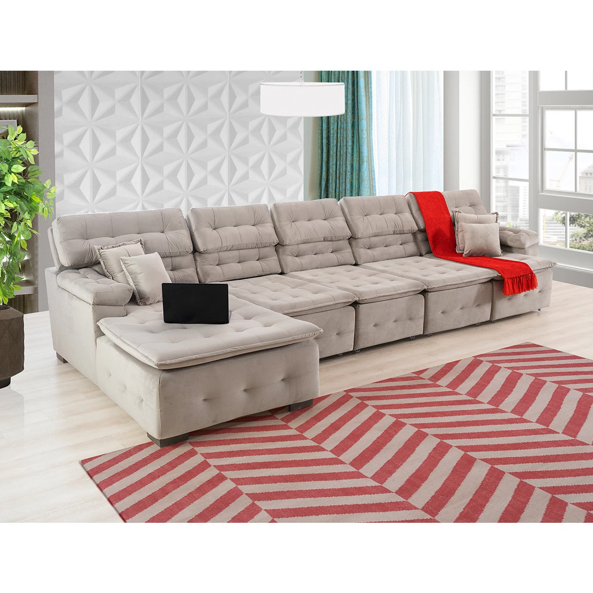 Sofá Orlando 4,20x1,50m com Chaise, Retrátil e Reclinável - Avelã