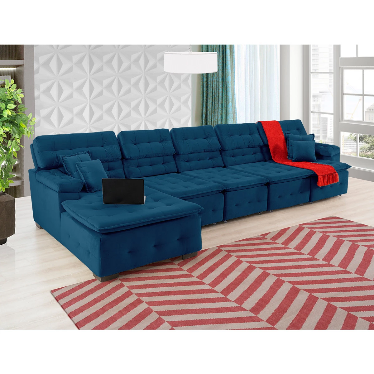 Sofá Orlando 4,20x1,90m com Chaise, Retrátil e Reclinável - Azul