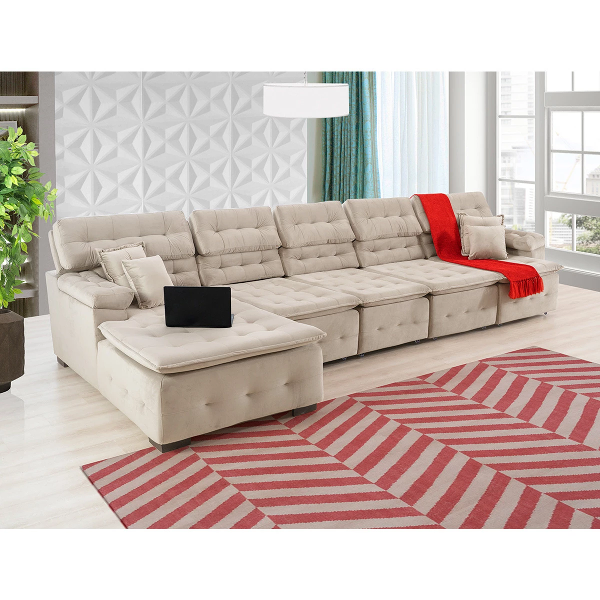Sofá Orlando 4,20x1,90m com Chaise, Retrátil e Reclinável - Bege