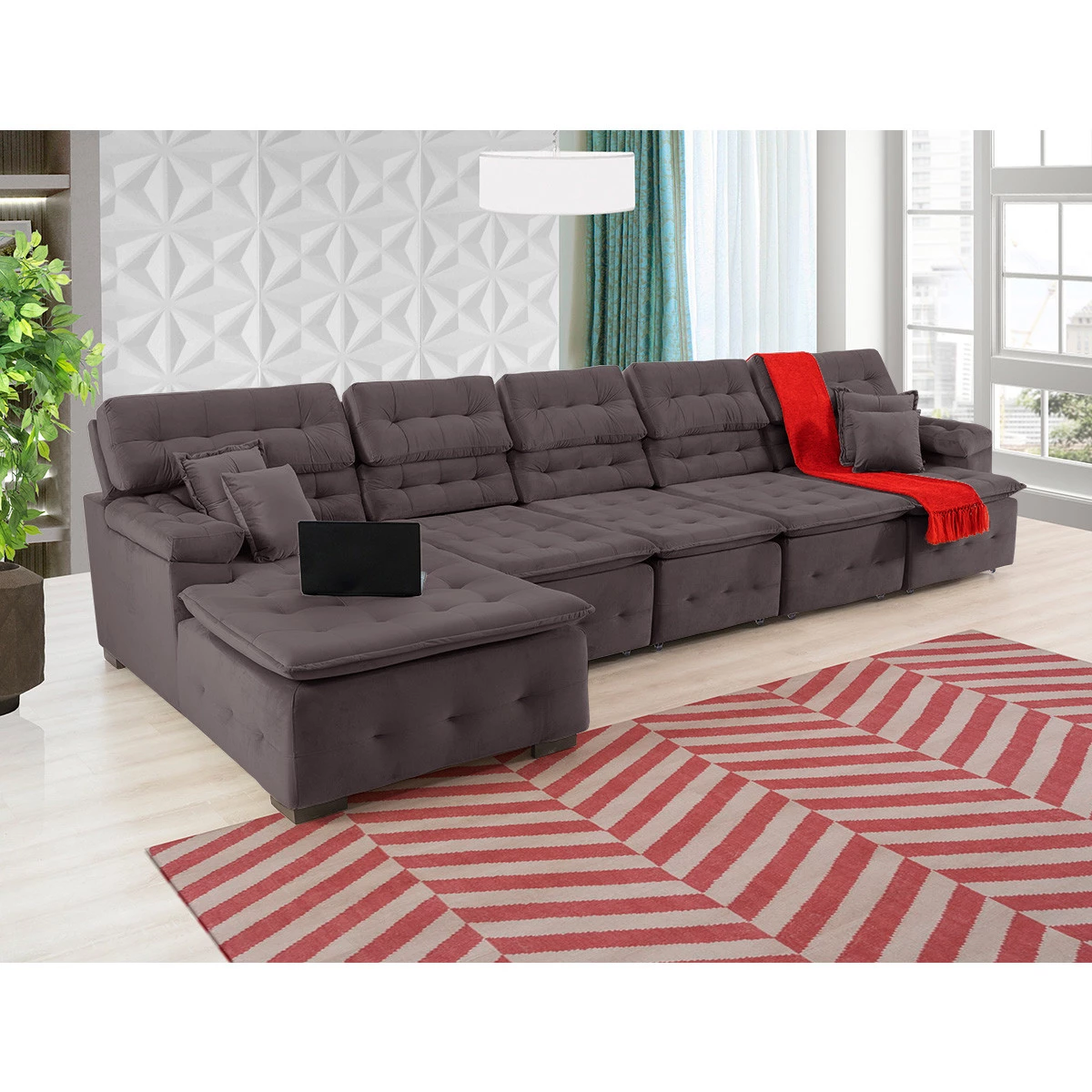 Sofá Orlando 4,20x1,50m com Chaise, Retrátil e Reclinável - Marrom